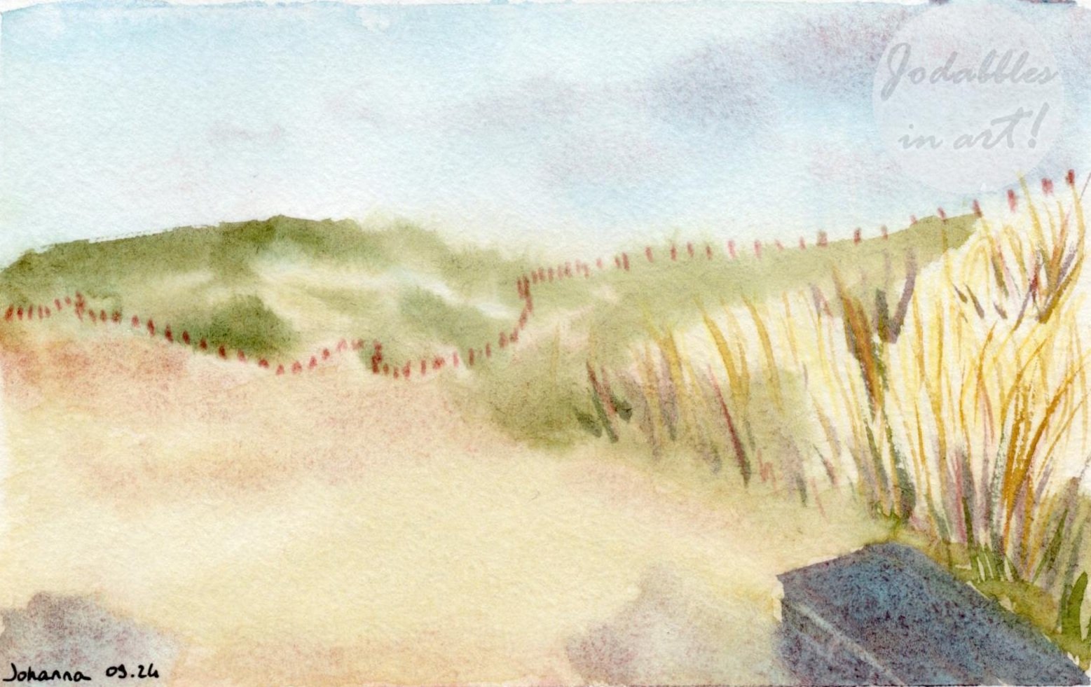 September 2024. Watercolors on Hahnemühle watercolor postcard (A6) - Picardy sand dunes. Own reference.