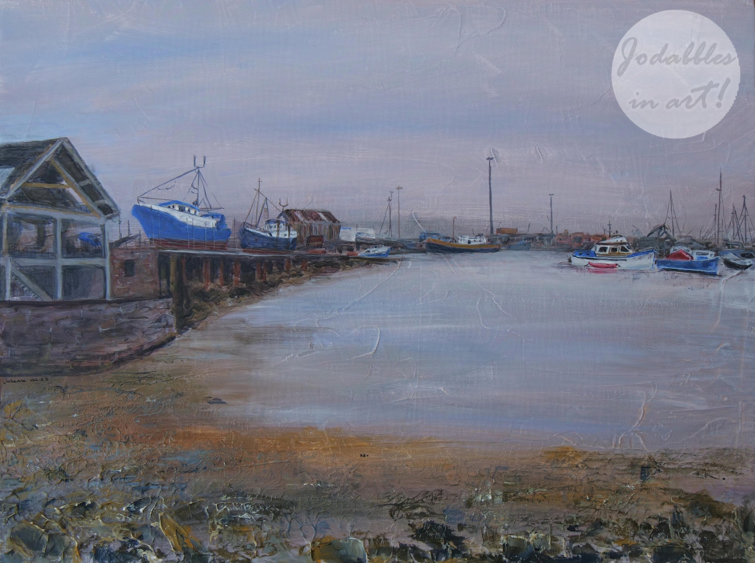 February 2025. Acrylic paint on a canvas board (30x40cm) - Scottish harbor. Own reference.