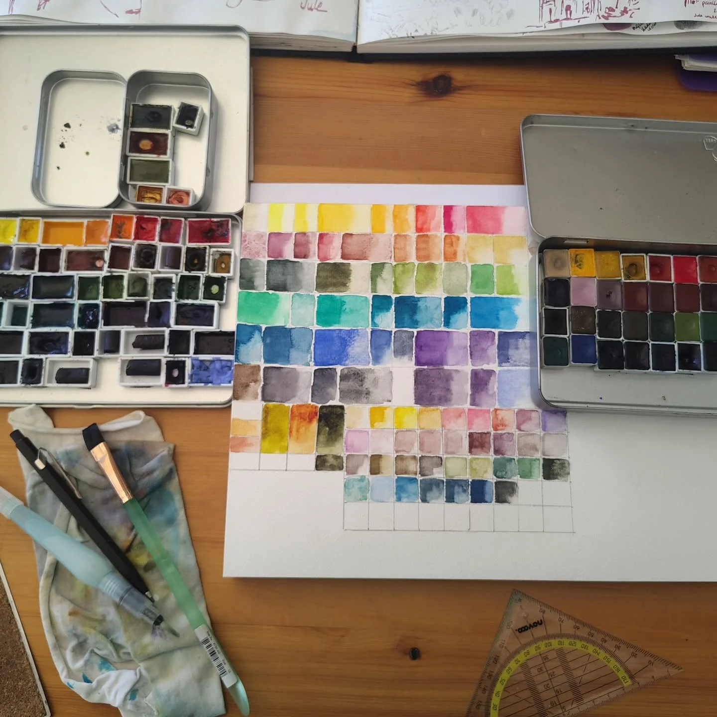 I've been reorganizing and giving away some of my watercolors recently so here is a swatch sheet of all my current watercolors (the ones I'm keeping). I don't like this paper much so I'll probably do a proper swatching video on a paper that shows the