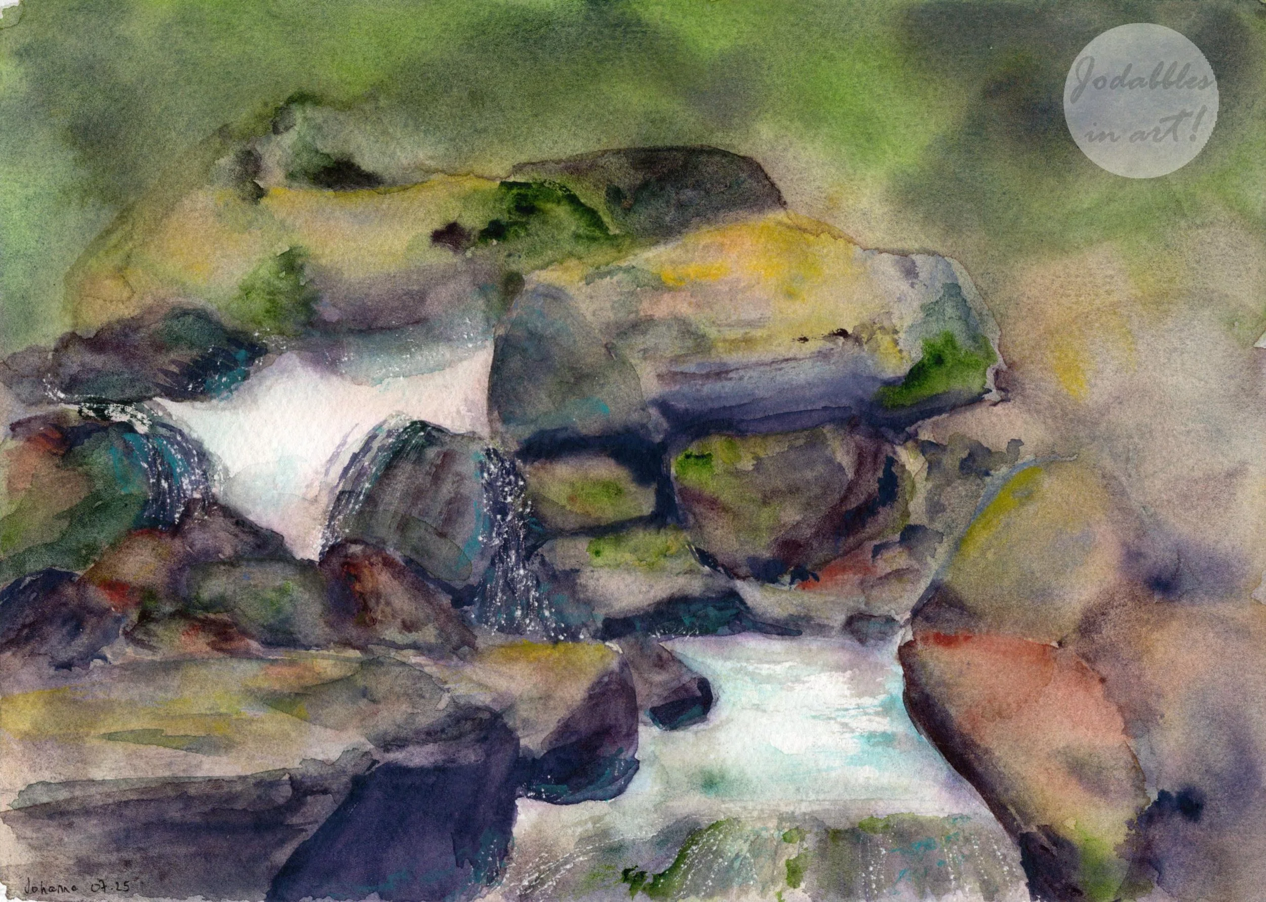 July 2025. Watercolors on craftamo watercolor paper (A5) - Rocks and waterfall. Own reference.