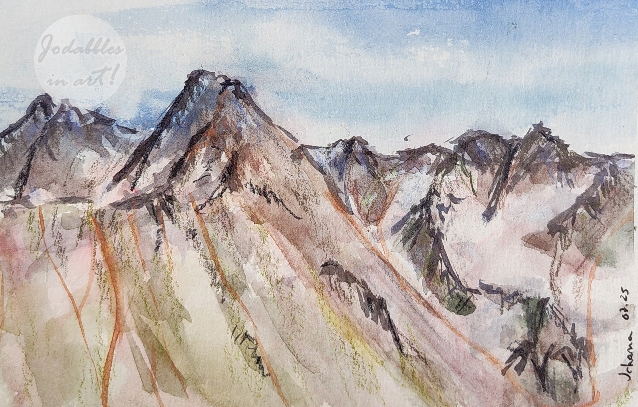 July 2025. Mixed media on Hahnemühle watercolor postcard (A6) - Above Sölden. Plein-air.