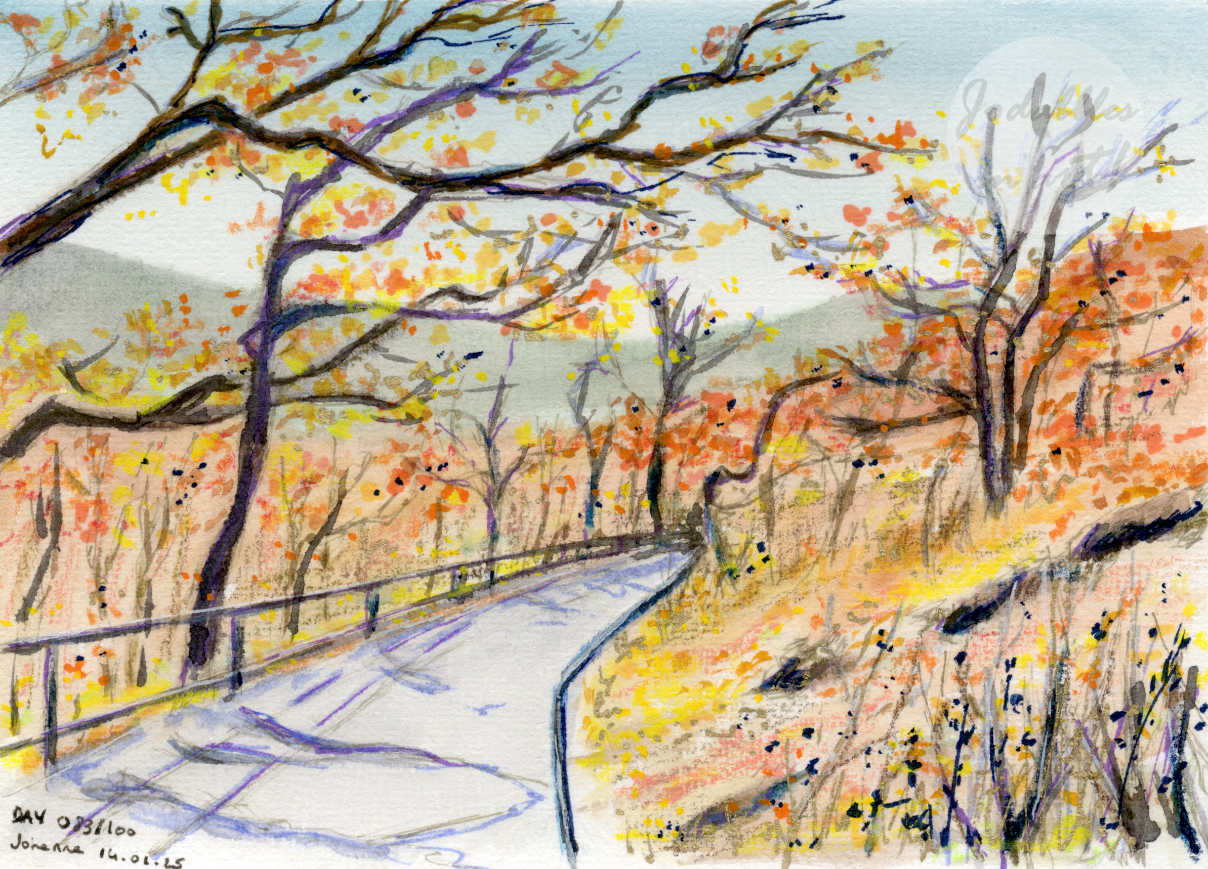 January 2025. Mixed meida on cold pressed Craftamo watercolor paper (A5) - Autumn path. Own reference.