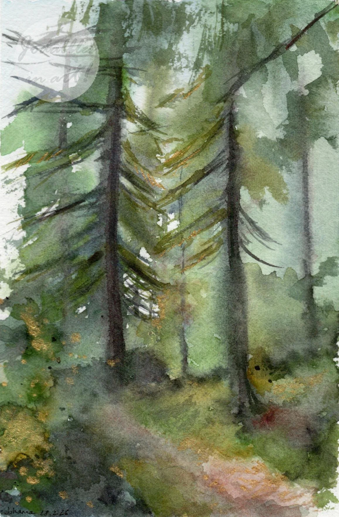 February 2026. Watercolors and golden gouache on cold pressed watercolor paper 300gsm - Misty forest path. Own reference.