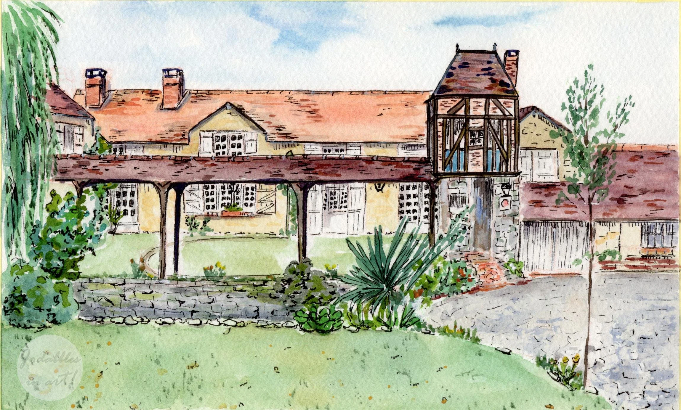 February 2024. Watercolor & fineliners on cold pressed Winsor & Newton watercolor paper (7x10in) - Country house. Family reference.