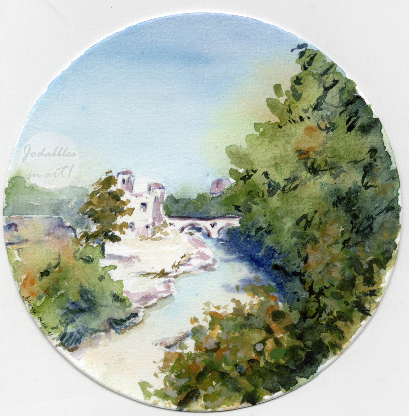June 2026. Watercolors on Hahnemühle cold pressed 300gsm (round 13cm diameter) - View from the Tivere in Roma. Own reference.