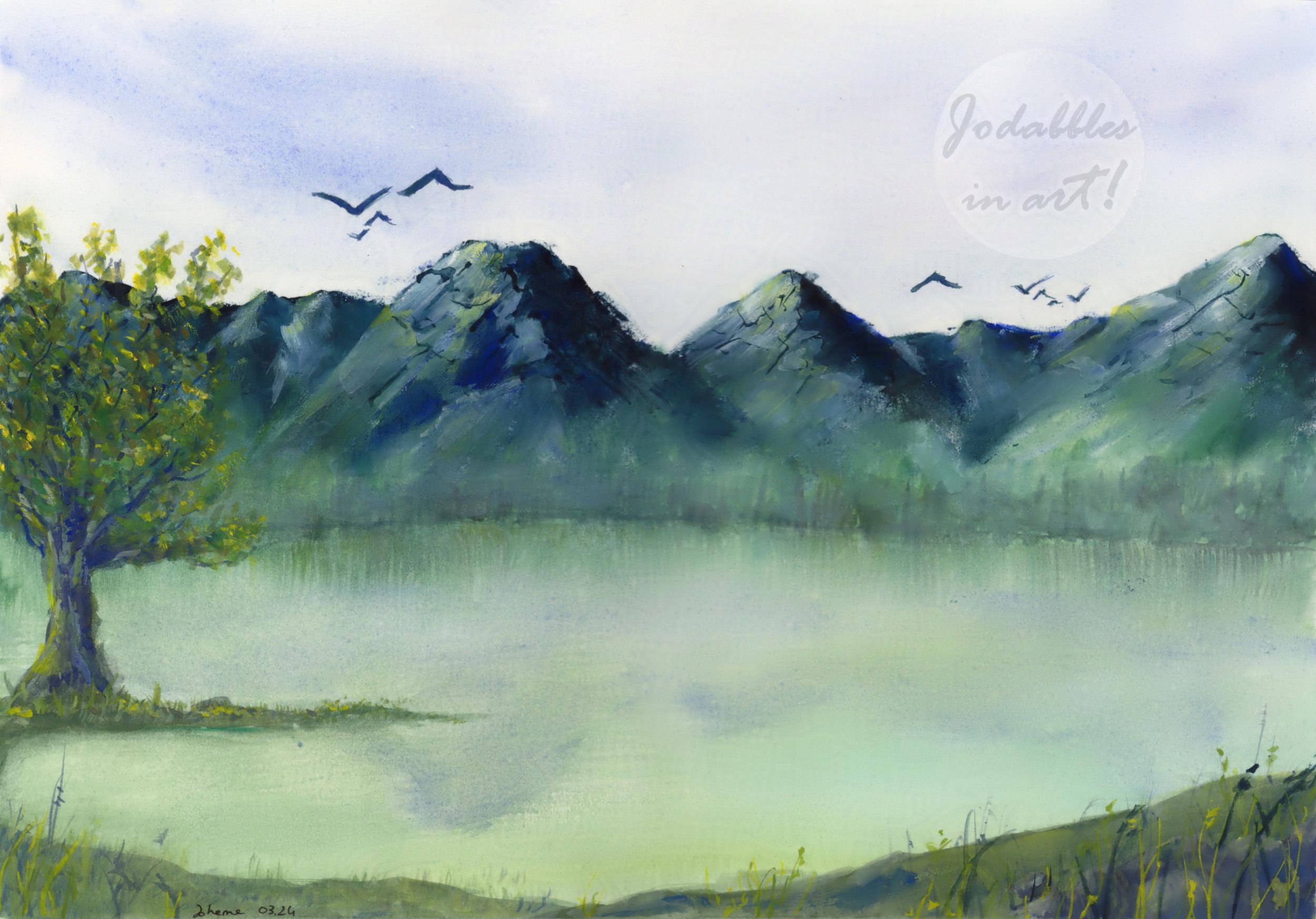 March 2024. Gouache on hot pressed Arches watercolor paper (26x36cm) - Green Mountains.