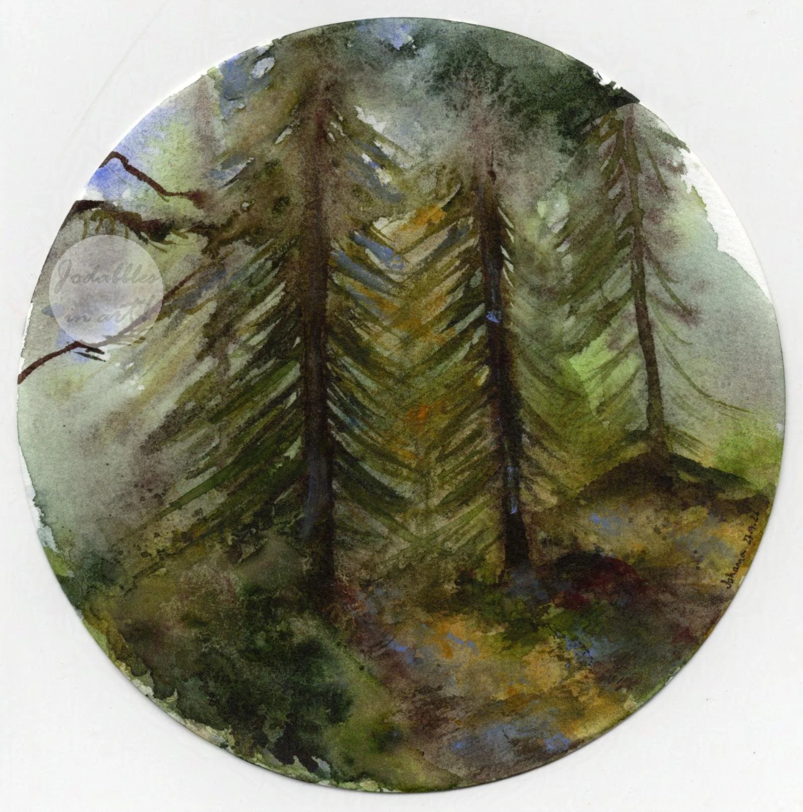 February 2026. Watercolors on Hahnemühle cold pressed 300gsm (round 13cm diameter) - Forest path. Own reference.