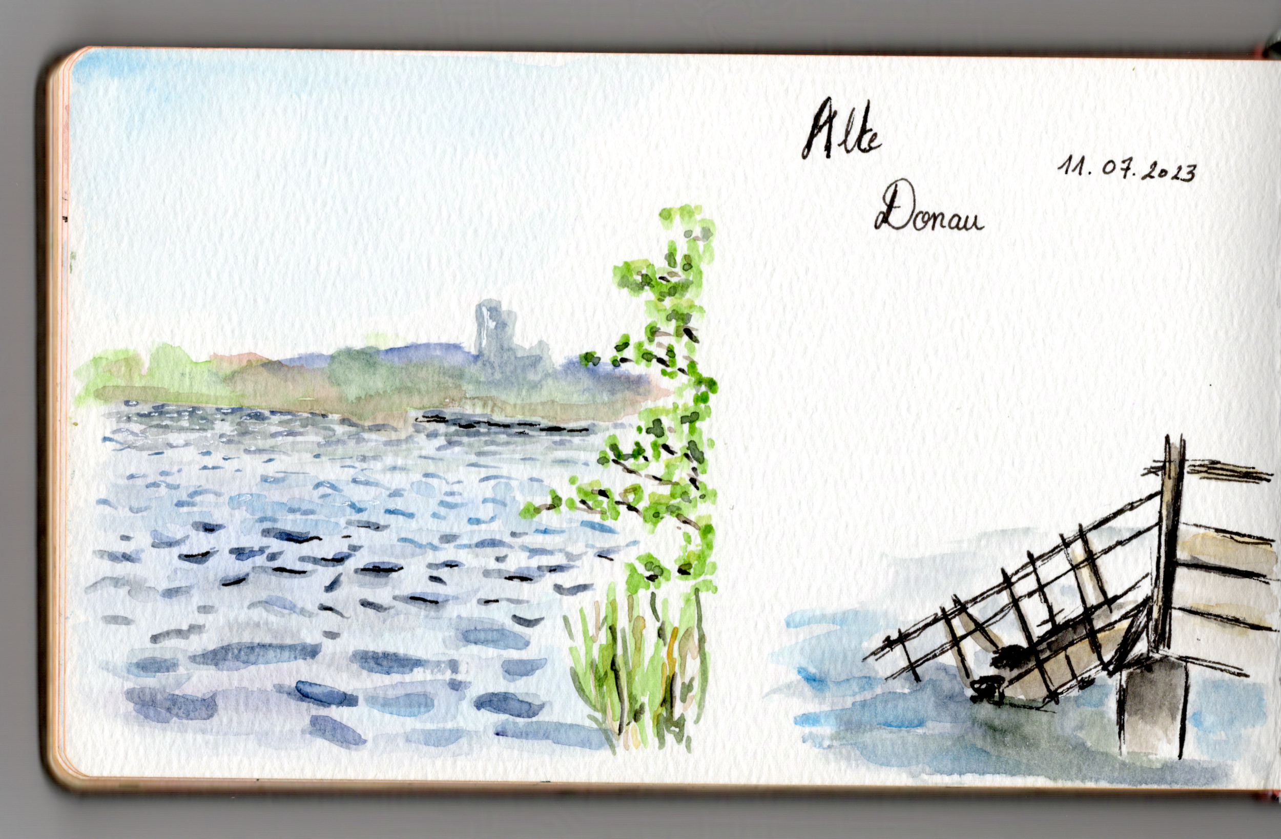 July 2023. Alte Donau (Vienna, Austria) in ink & watercolors.