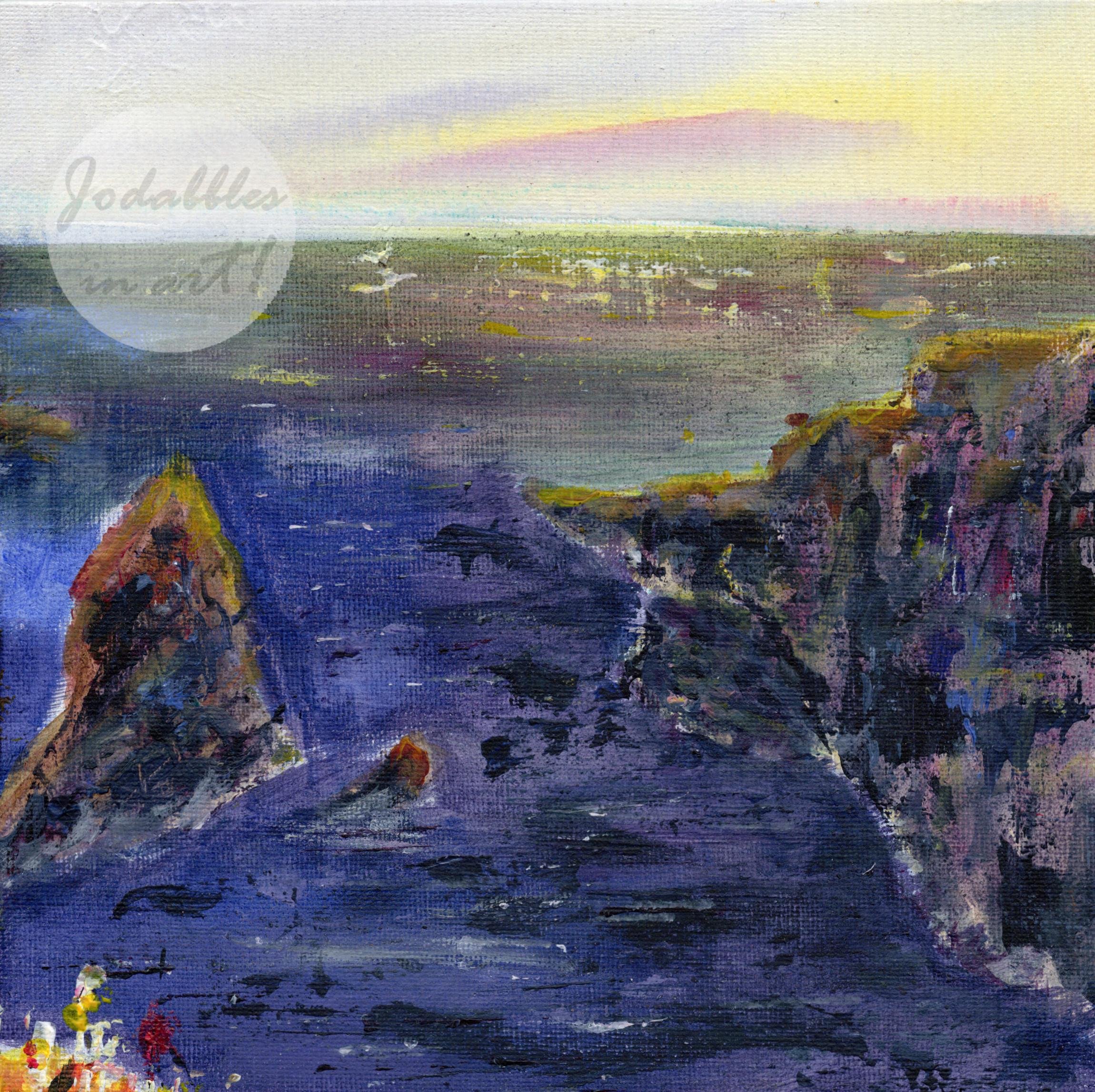July 2024. Acrylic paint on canvas board (20x20cm) - Sunset on the coast.