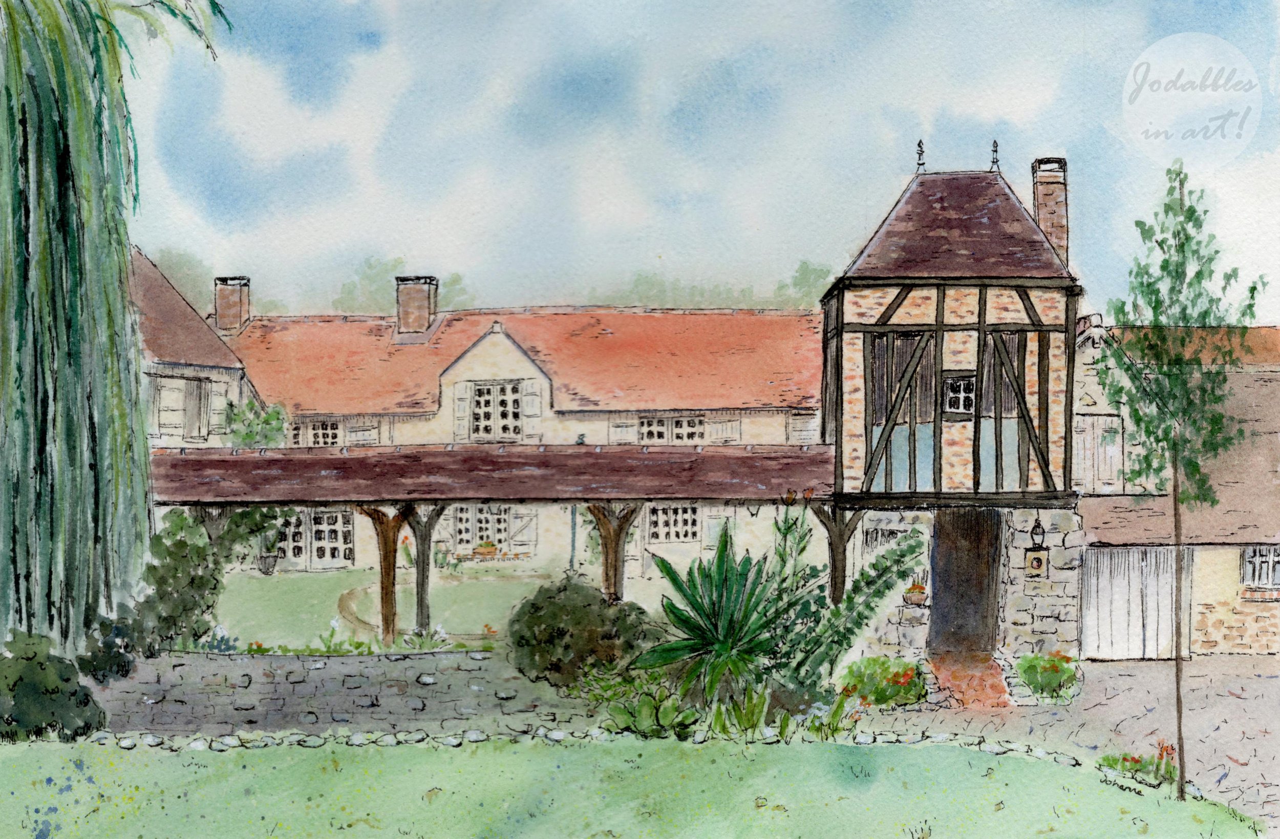 March 2024. Watercolor & fineliners on cold pressed Arches watercolor paper (26x36cm) - Country house. Family reference.