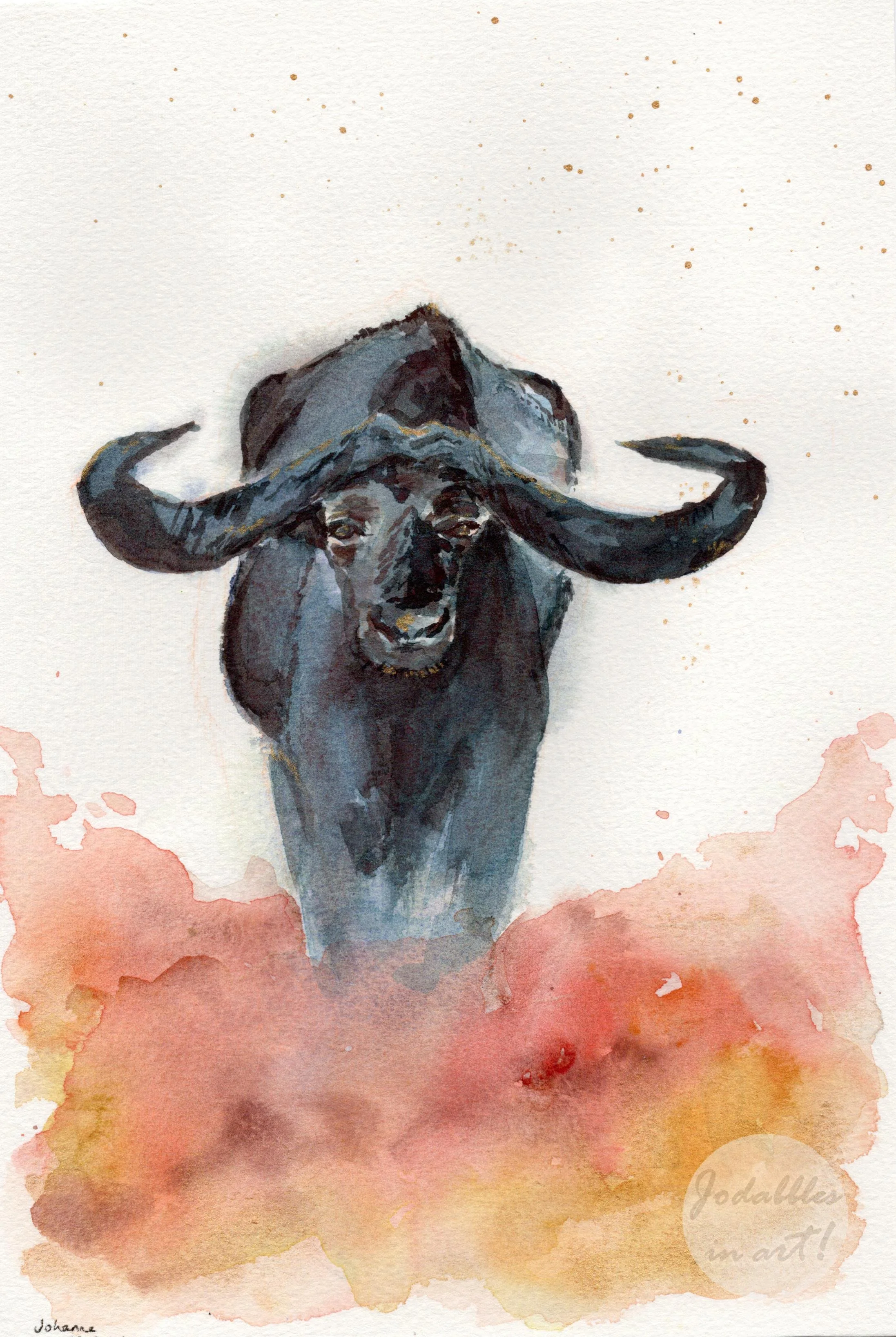 March 2025. Watercolors on Saunders & Waterford cold pressed paper (16,6x23,5cm) - Fire buffalo. Unsplash reference (from Geranimo).
