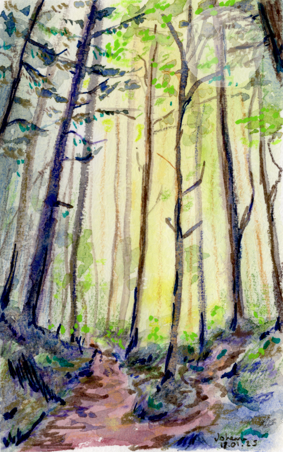January 2025. Mixed media on Hahnemühle watercolor postcard (A6) - Path to the light. Own reference.