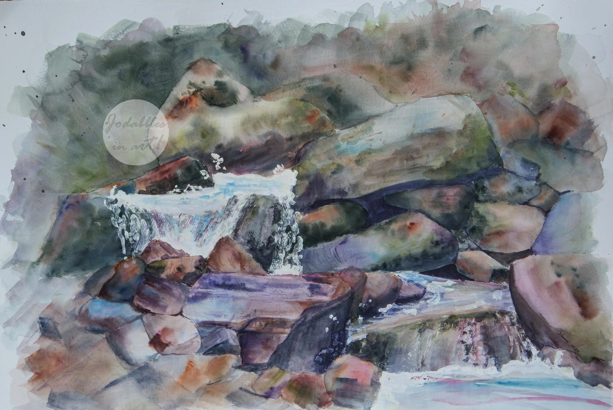 September 2025. Watercolors on Winsor & Newton fine grain 300gsm paper (38,5x56cm) - Rocks and waterfall. Own reference.