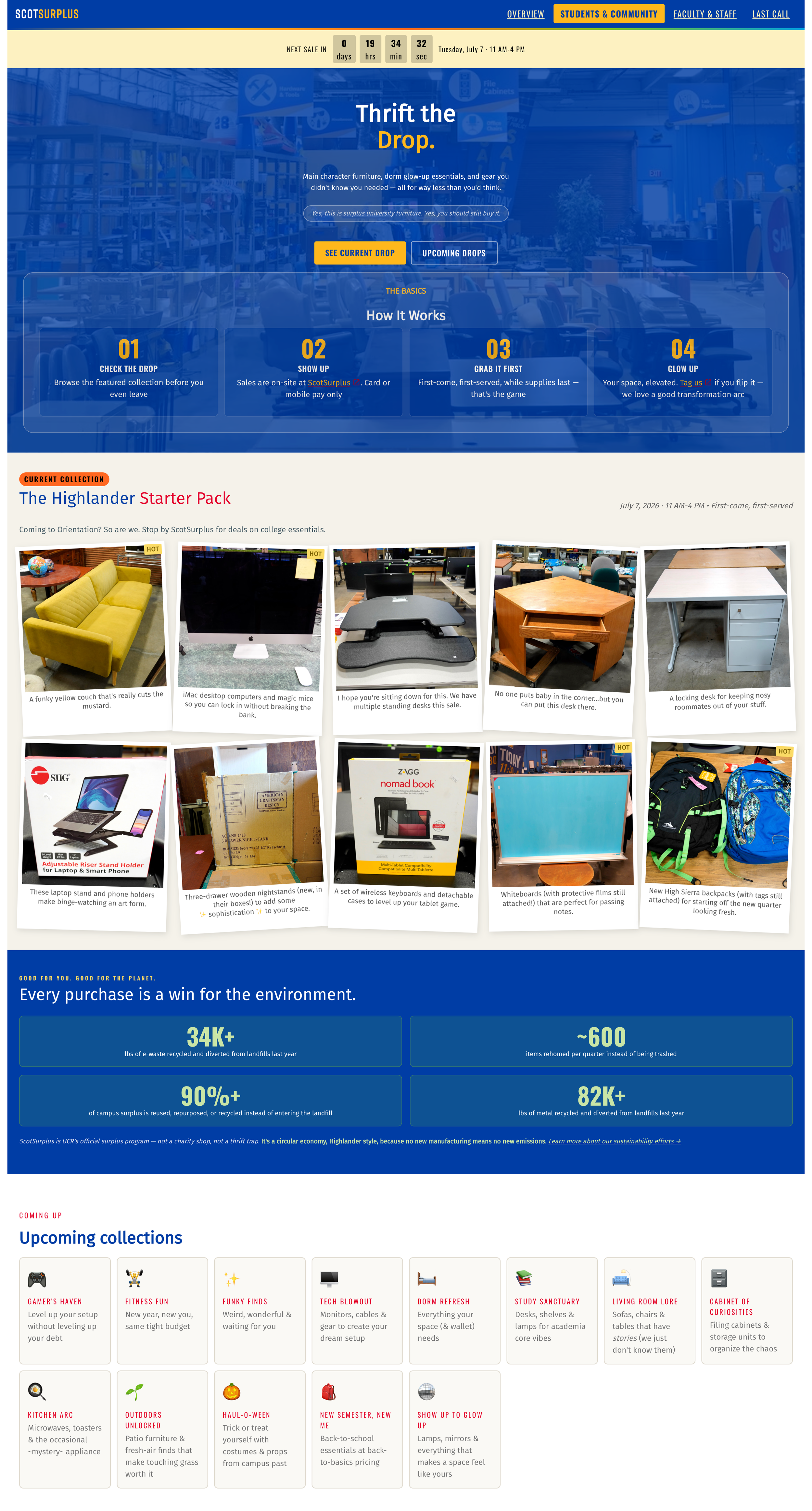 A webpage for the ScotSurplus thrift store program directed at students with the headline "Thrift the Drop" and images of items for sale.