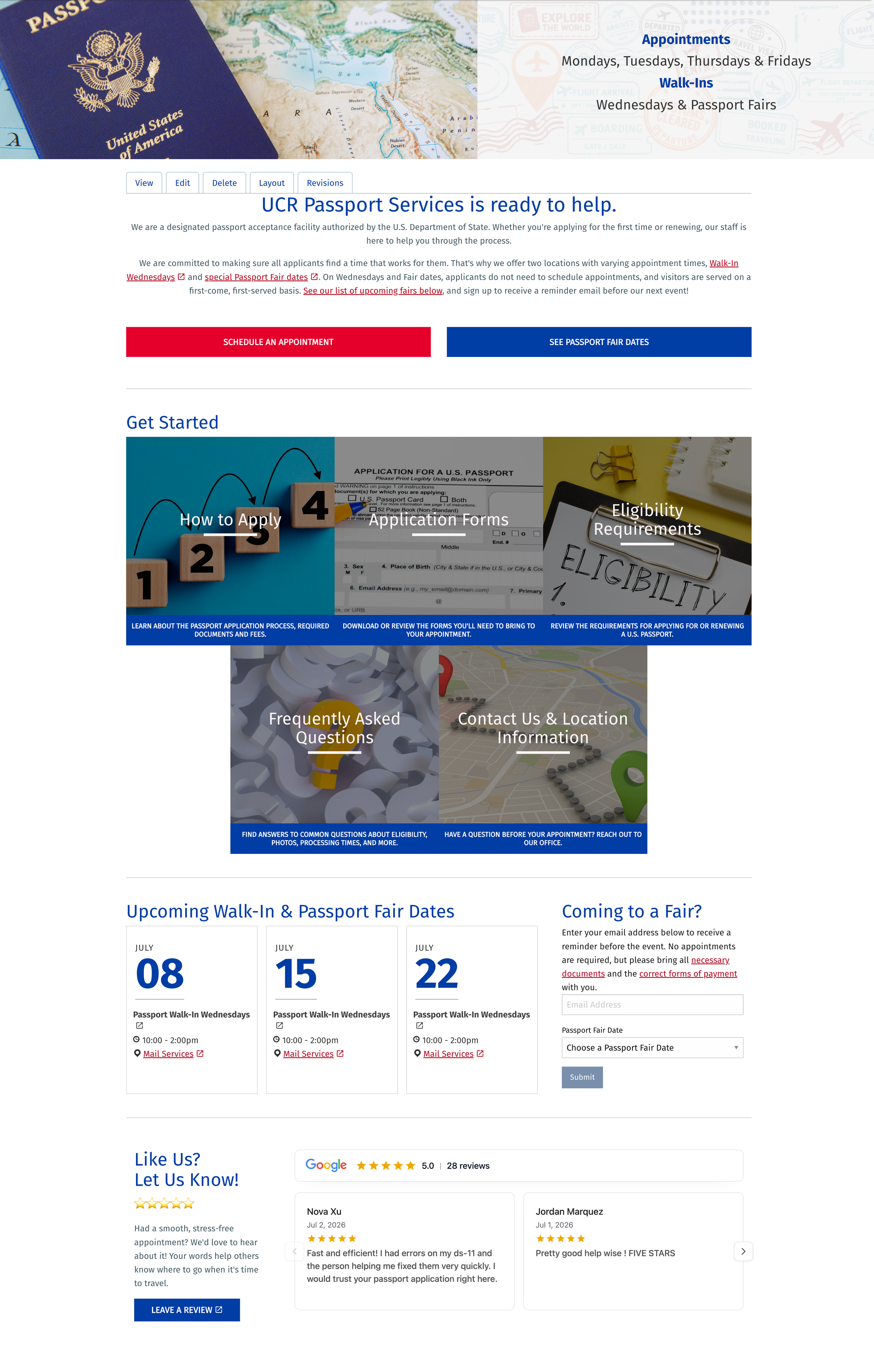 The Passport Services home page with the ability to book appointments, see upcoming passport fairs and read Google reviews.