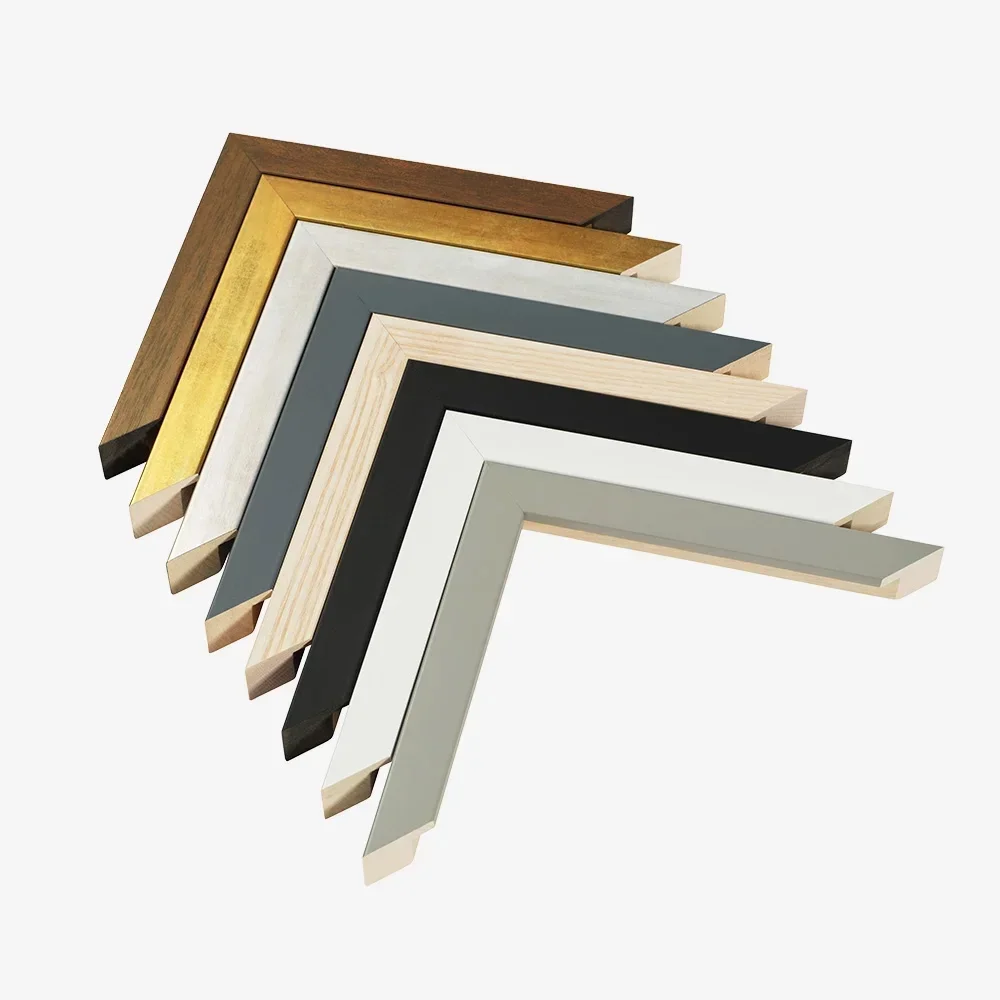 A set of six multi-colored picture frame corners arranged side by side on a white background.