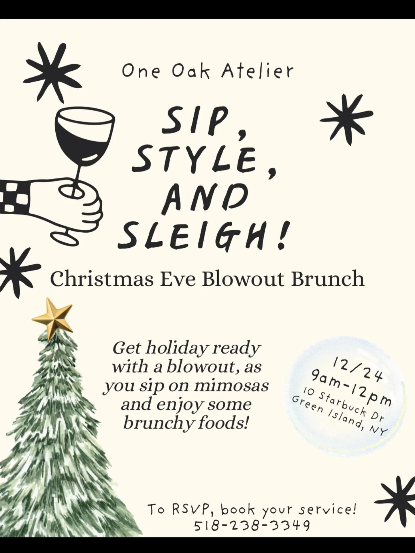 🎄💫We have limited spots available for our Christmas Eve Sip Style and Sleigh!💫🎄 

Sip (or chug😉) champagne and enjoy some brunch while we pamper you! 
🥂Blowouts
🥂Hair tinsel
🥂Holiday glam 
🥂A bouncy curl moment 

And we won&rsquo;t let you l