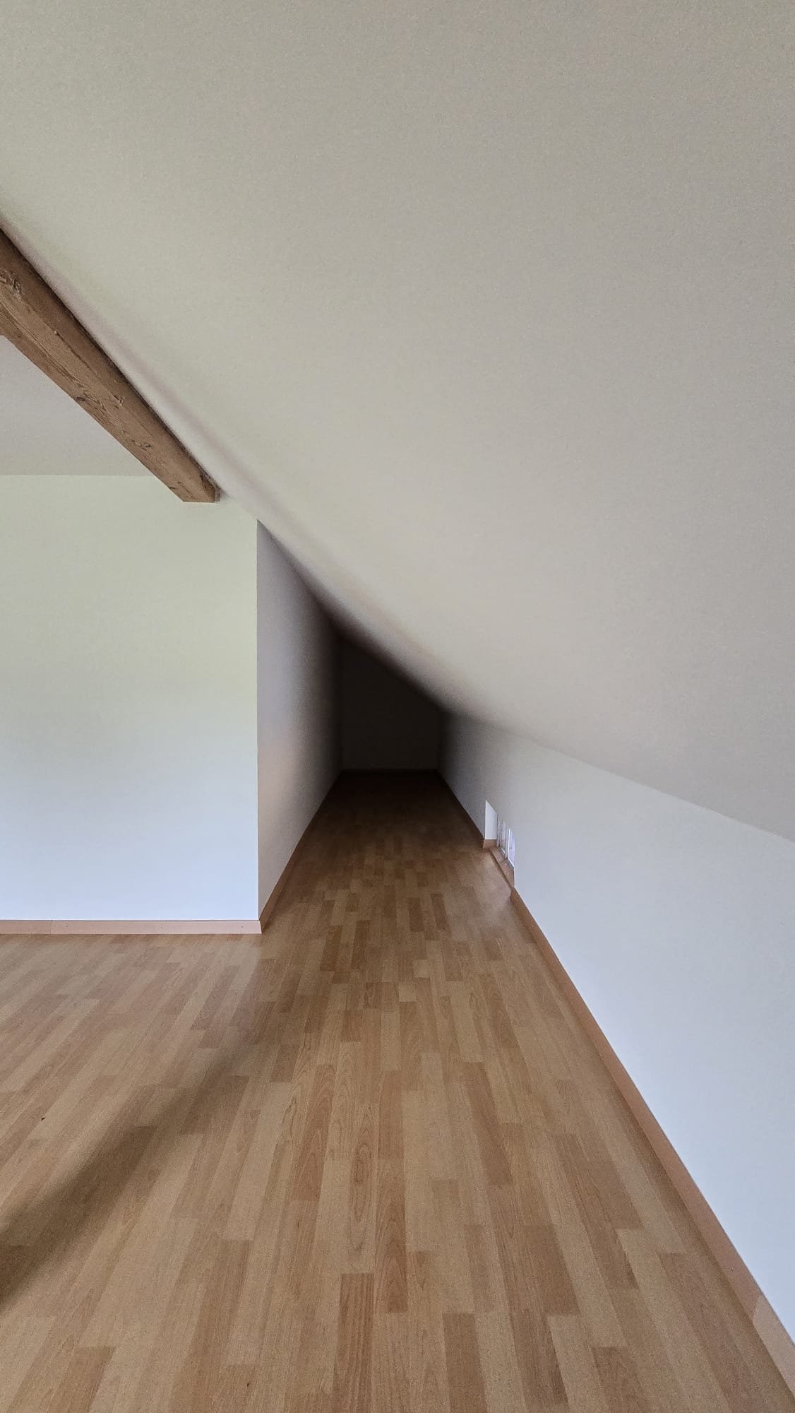 Empty room with sloped ceiling, wooden floor, and a small dark opening at the end of the hallway.