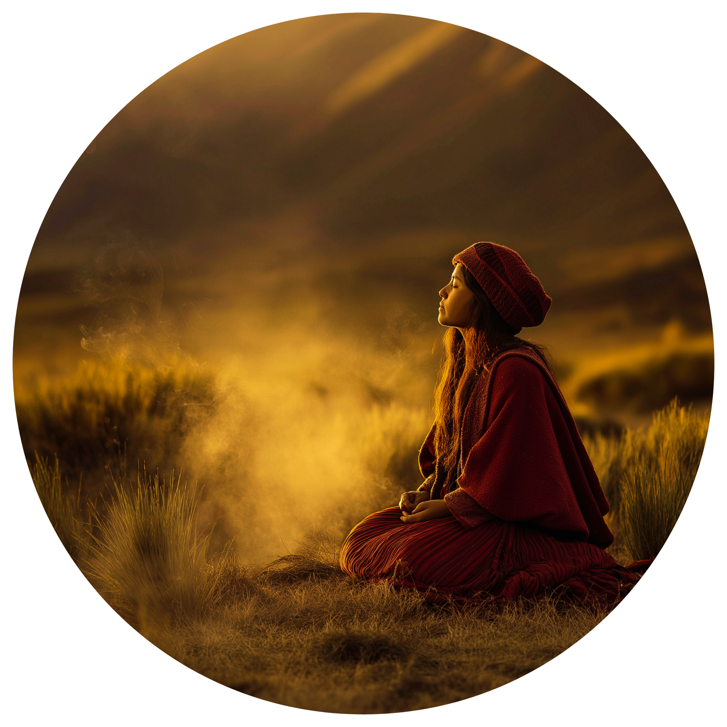 Person seated in golden mist representing the individual shamanic healing journey at Sacred Ember