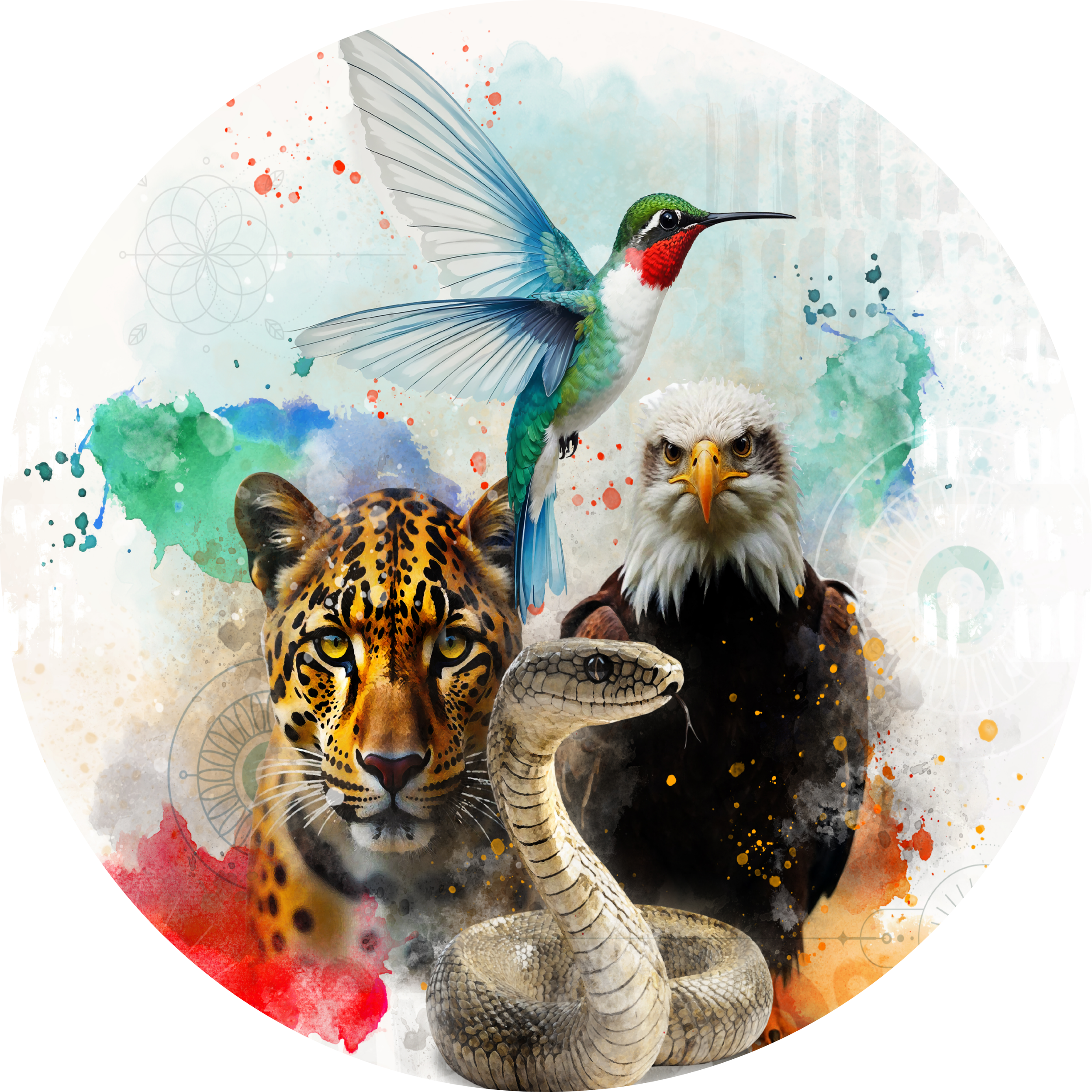 Custom illustration of the four sacred archetypes of the Andean Q'ero Medicine Wheel — Serpent, Jaguar, Hummingbird, and Eagle — representing the four directions in Shamanic Energy Medicine