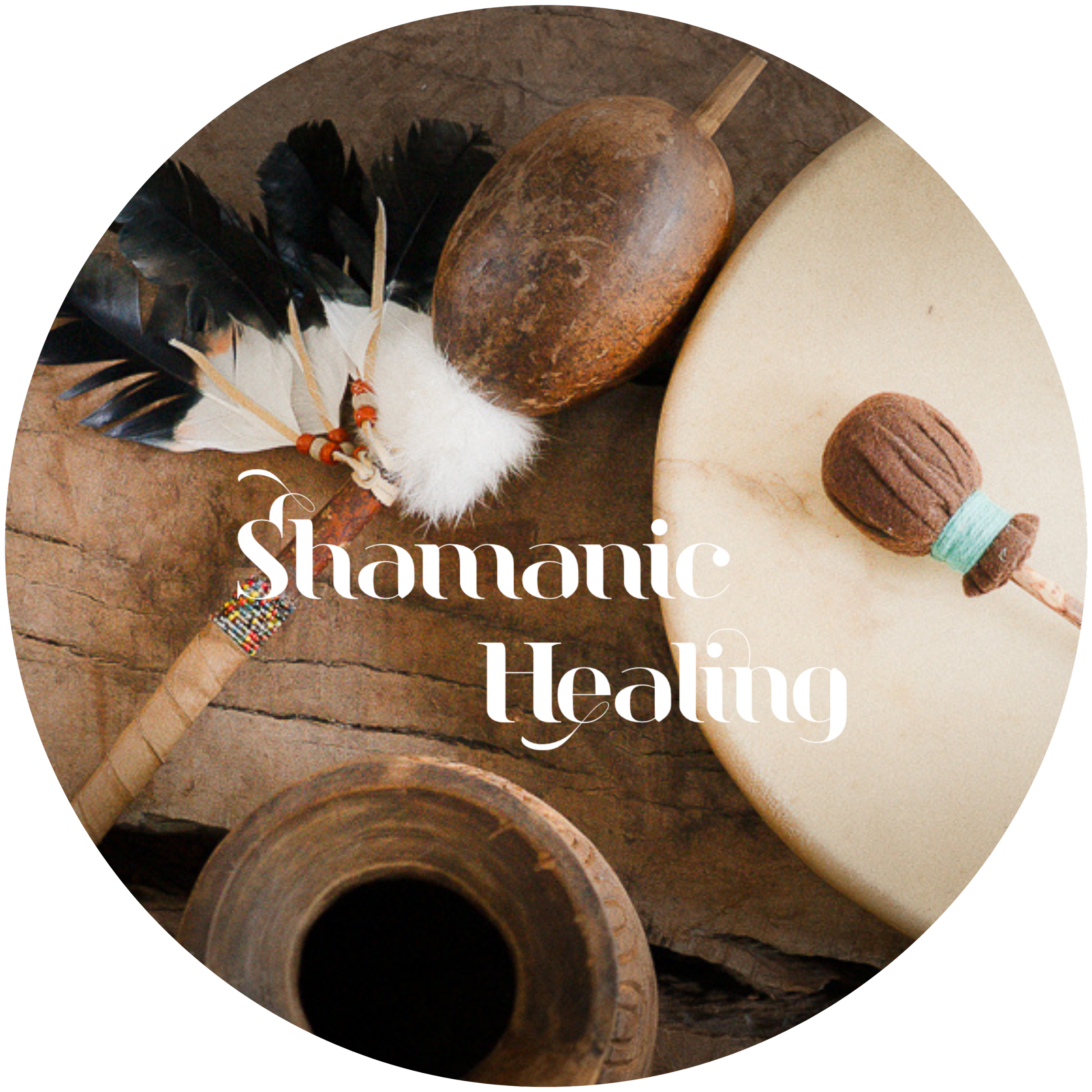 Shamanic ceremonial tools including a drum, rattle, and feathers, click to explore Shamanic Energy Medicine sessions with Alrina Laker at Sacred Ember