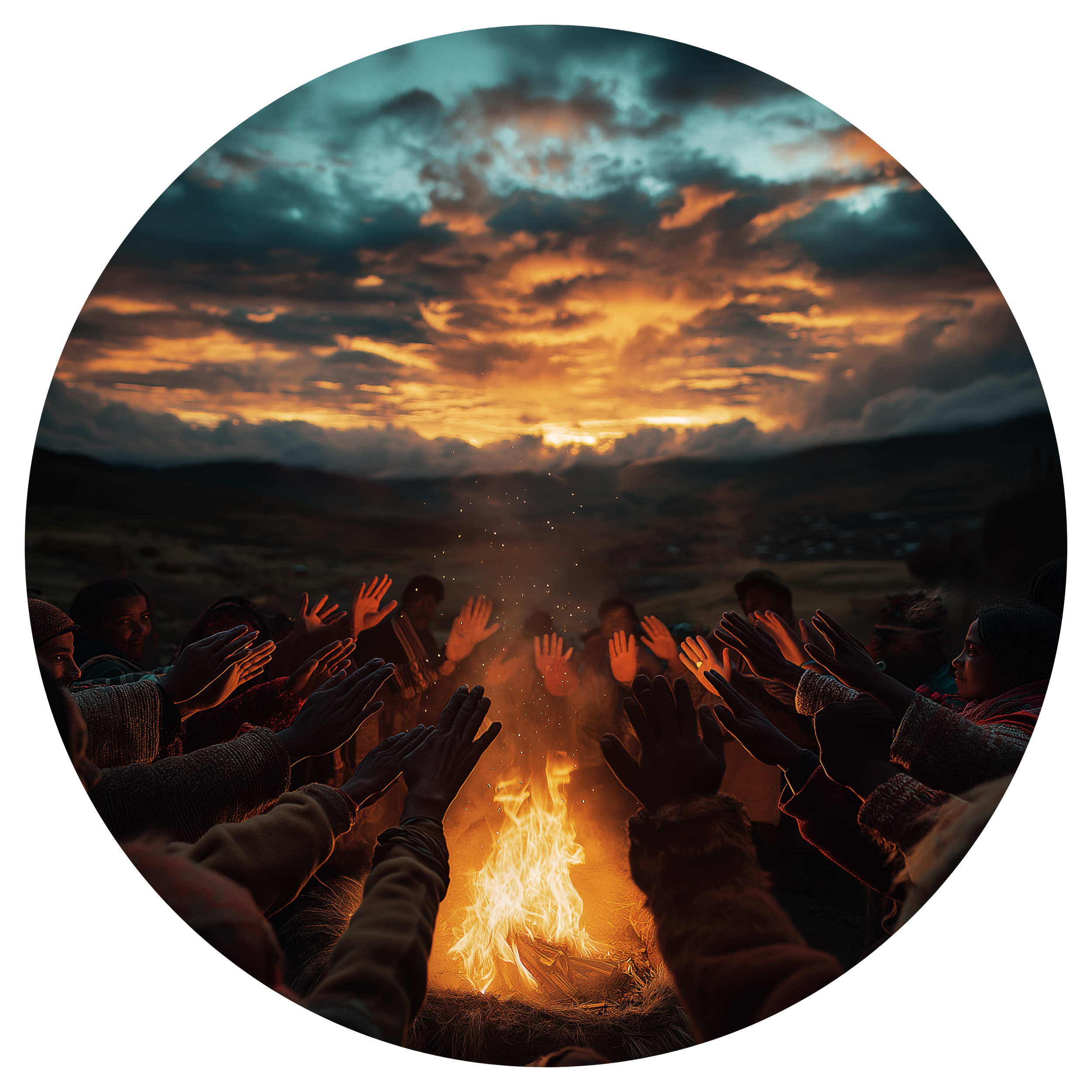 Hands reaching toward a fire at sunset representing Sacred Ember workshops, events, and community gathering