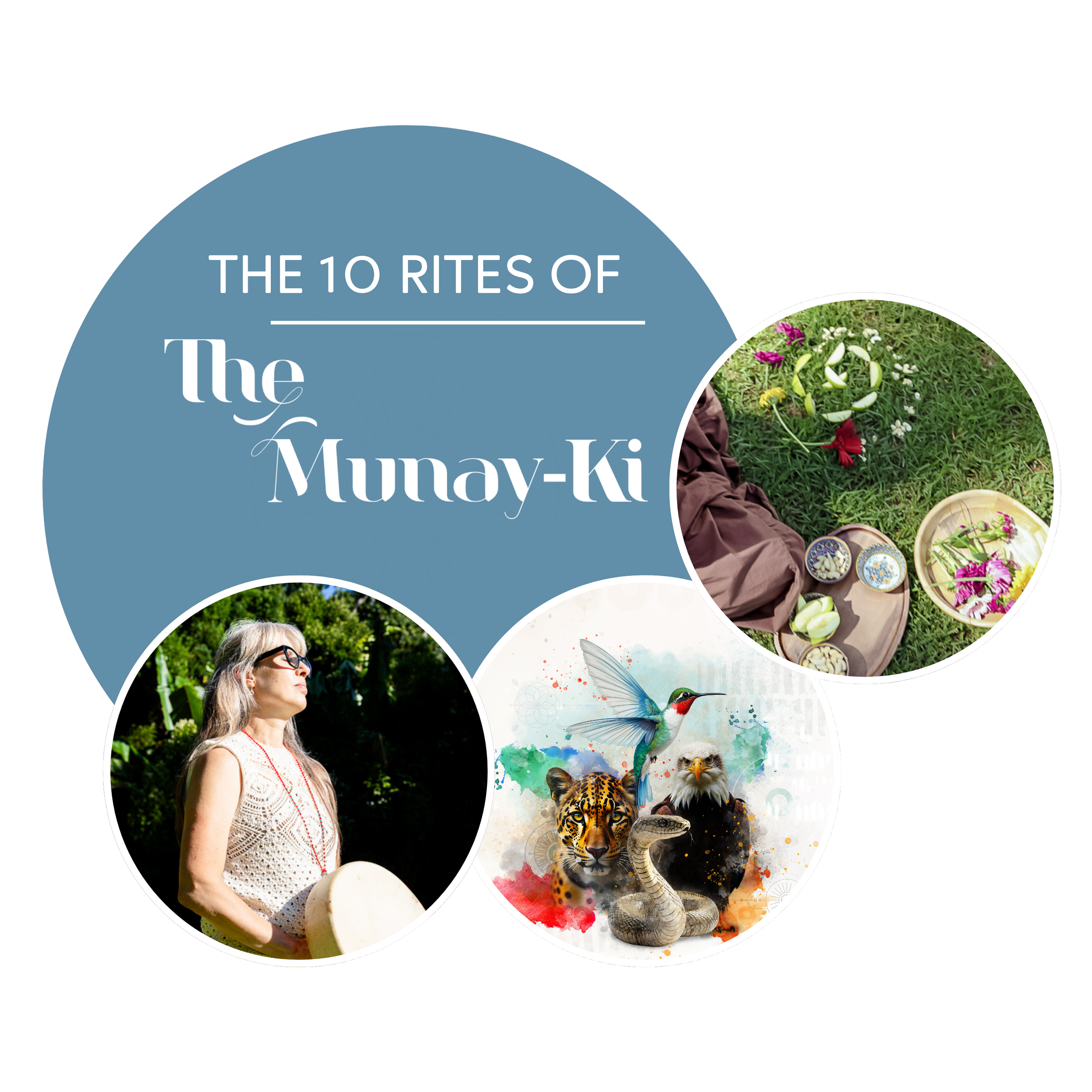 Sacred Ember Munay-Ki Rites overview showing Alrina Laker, the four Medicine Wheel archetypes, and Andean ceremonial offerings