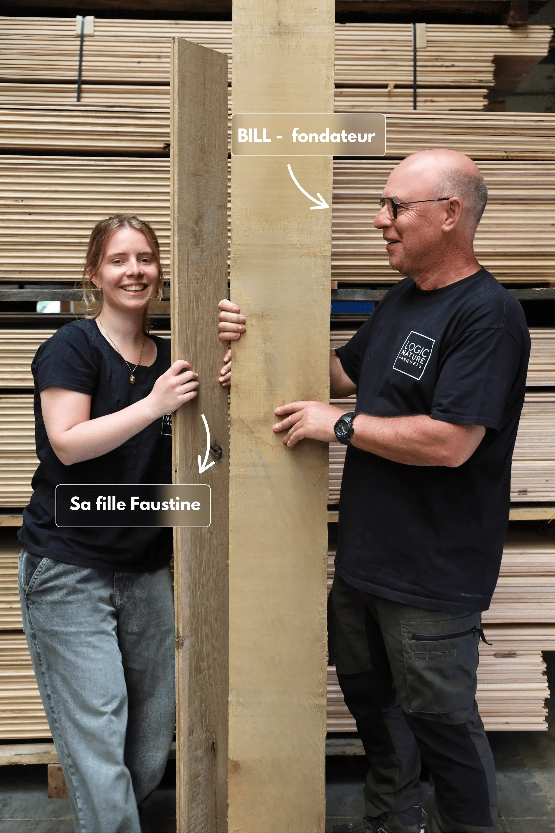 Une femme et un homme se tiennent derrière une planche de bois, apparemment dans un entrepôt. La femme, appelée Faustine, sourit à l'appareil. L'homme, plus âgé, porte des lunettes et un t-shirt avec le logo de la société 'Logic Nature'. Il est identifié comme le fondateur portant le nom 'Bill'.
