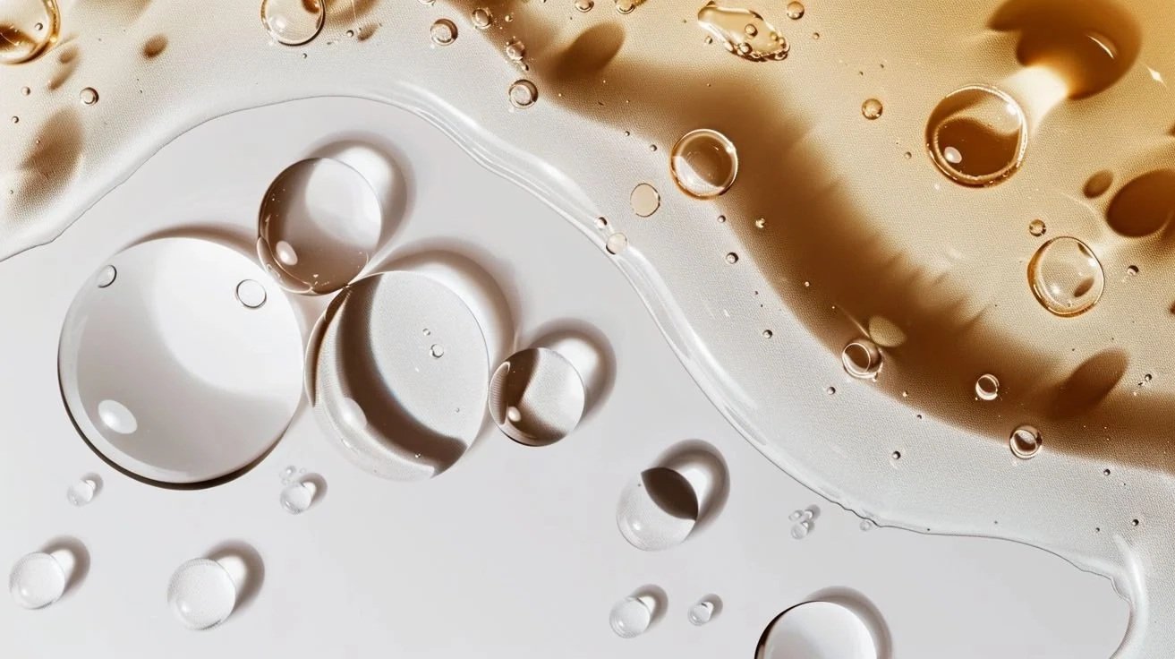 Close-up of oil droplets on a smooth surface, showing varying sizes and transparency