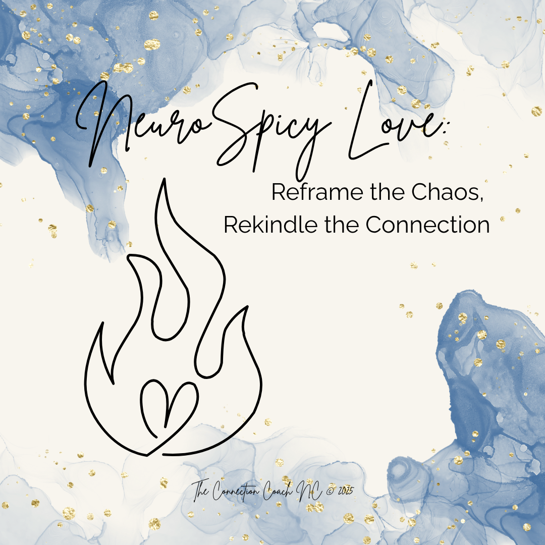 A book cover titled 'NeuroSpicy Love: Reframe the Chaos, Rekindle the Connection' features a marble-like background in shades of blue and gold flecks, with a simple line drawing of flames and a heart.