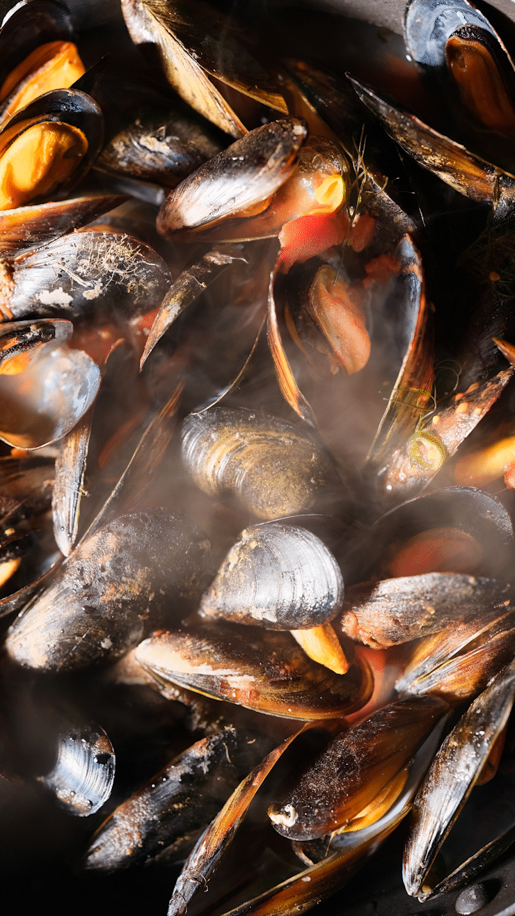 Steamed mussels in a pot with steam rising. Chicago Milwaukee Midwest Illinois Food Food beverage Food Drink Savory Photographers photographer photography videography videographer CPG Bennett Fuhrman Ben Tiny Scheme