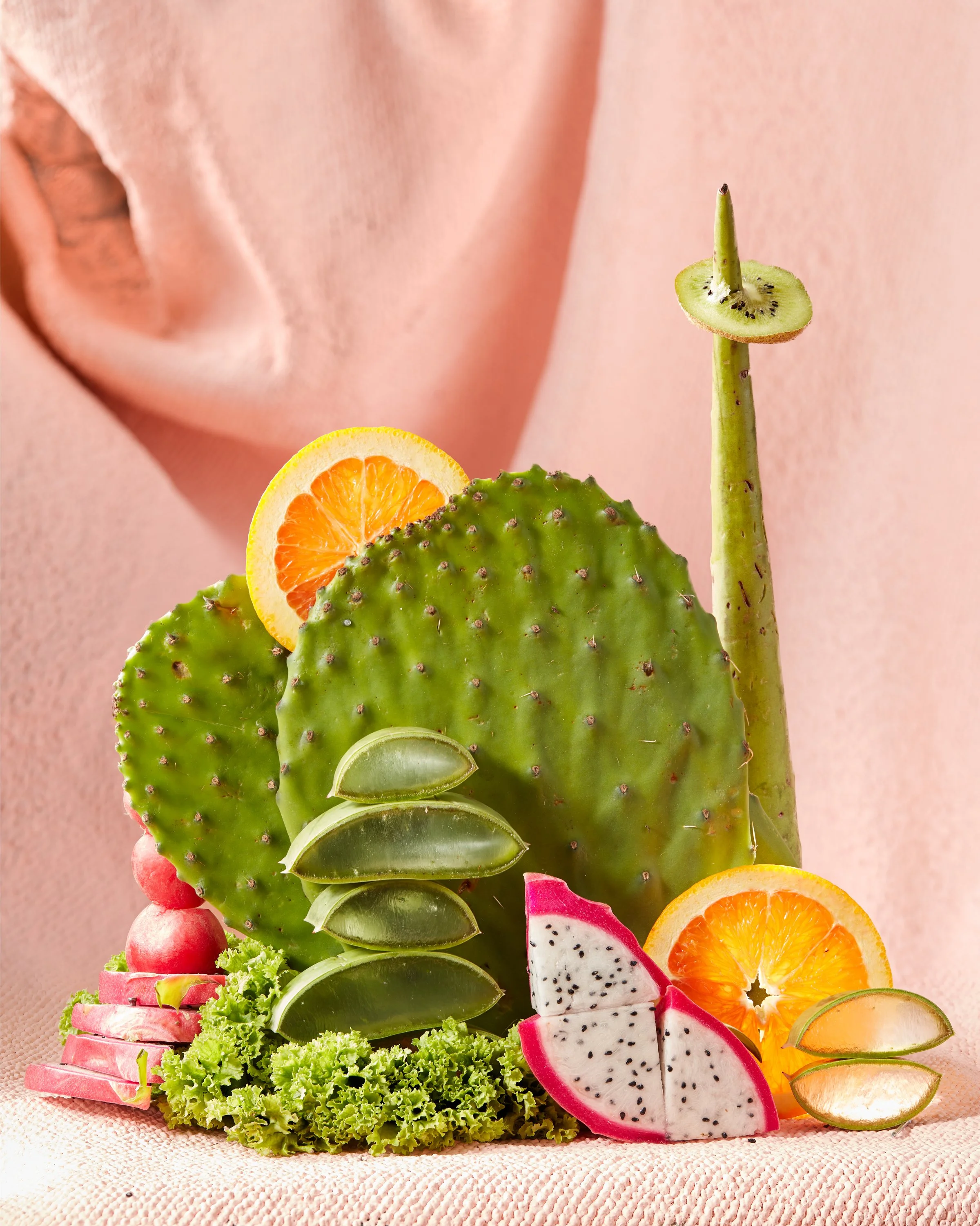 Arrangement of various sliced fruits including oranges, kiwi, dragon fruit, lemon, lime, radish, and cactus paddle against a pink fabric background. Chicago Milwaukee Midwest Illinois Food Food beverage Food Drink Savory Photographers photographer ph