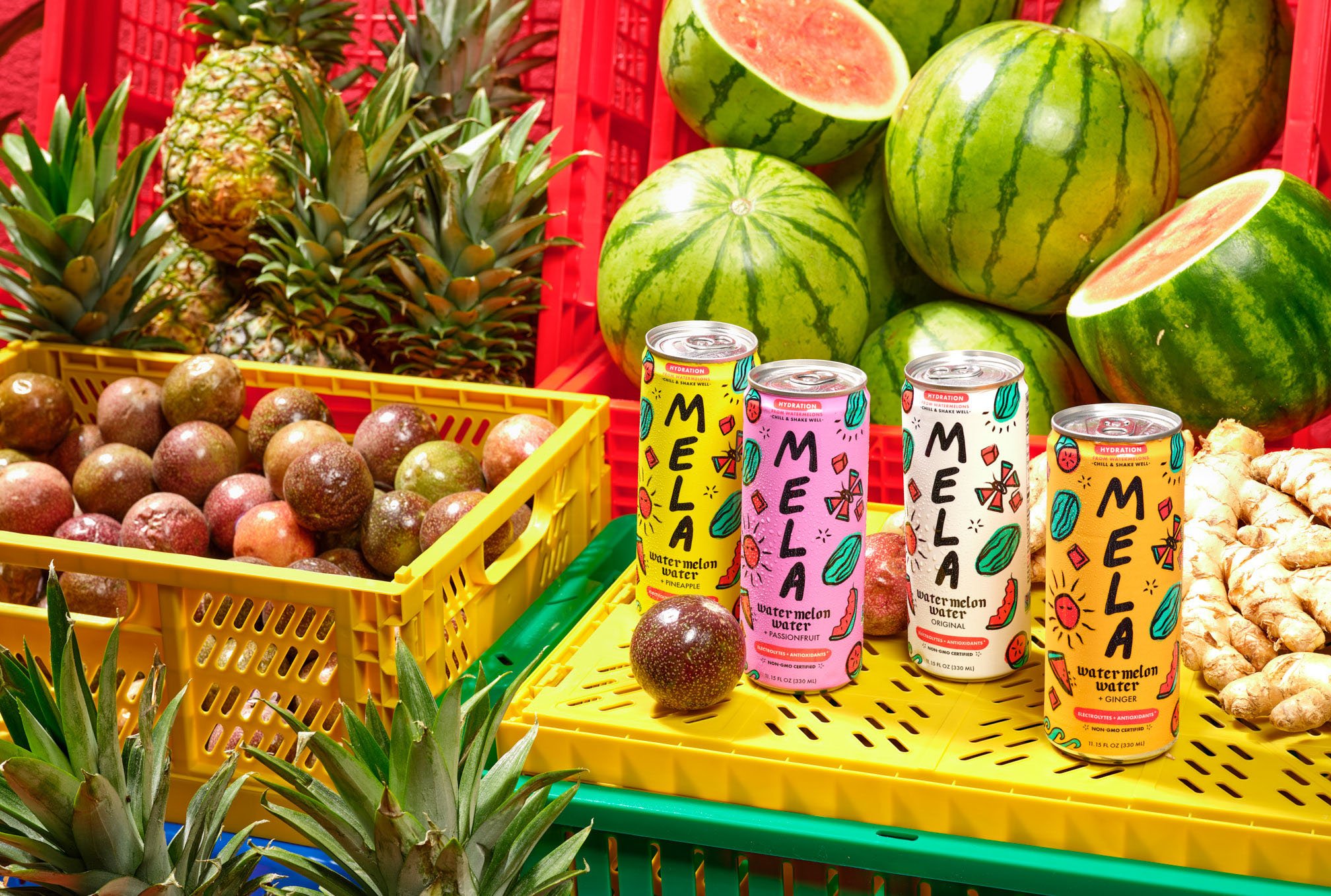 Display of tropical fruits including pineapples, watermelons, passion fruits, ginger, and cans of melon-flavored water on yellow and green trays at a market Chicago Milwaukee Midwest Illinois Food Food beverage Food Drink Savory Photographers photogr