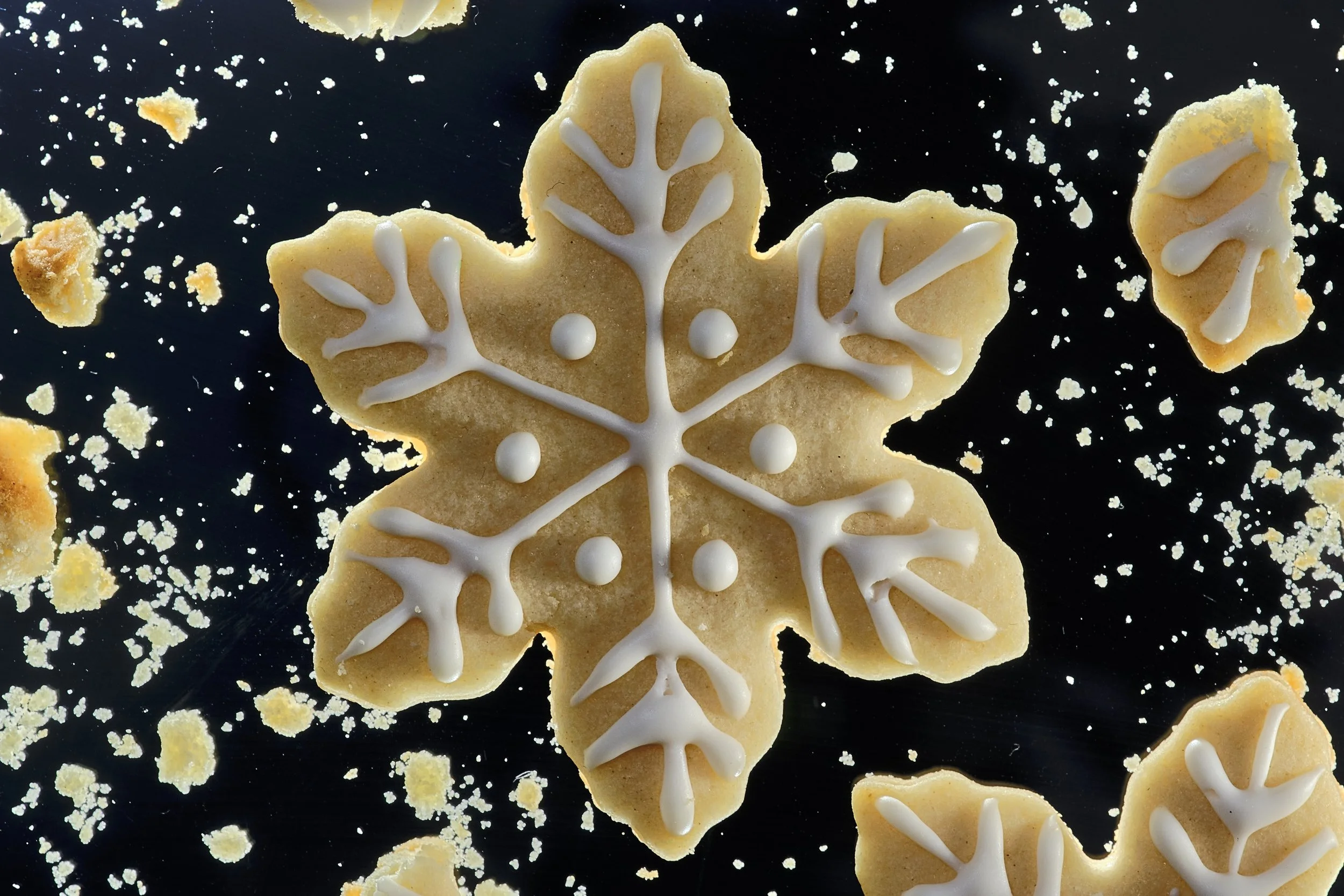 Holiday sugar cookie shaped like a snowflake with white icing decoration, surrounded by broken pieces and crumbs on a black surface. Chicago Milwaukee Midwest Illinois Food Food beverage Food Drink Savory Photographers photographer photography videog