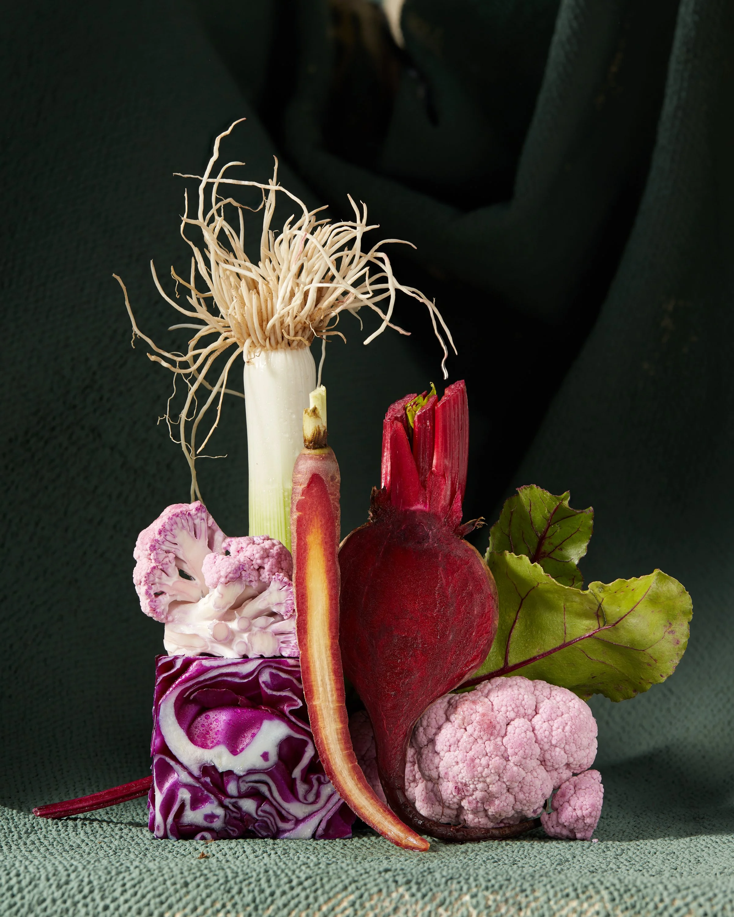 Arrangement of colorful vegetables including cauliflower, beet, cauliflower, leek, and purple cabbage on a green textured fabric background. Chicago Milwaukee Midwest Illinois Food Food beverage Food Drink Savory Photographers photographer photograph