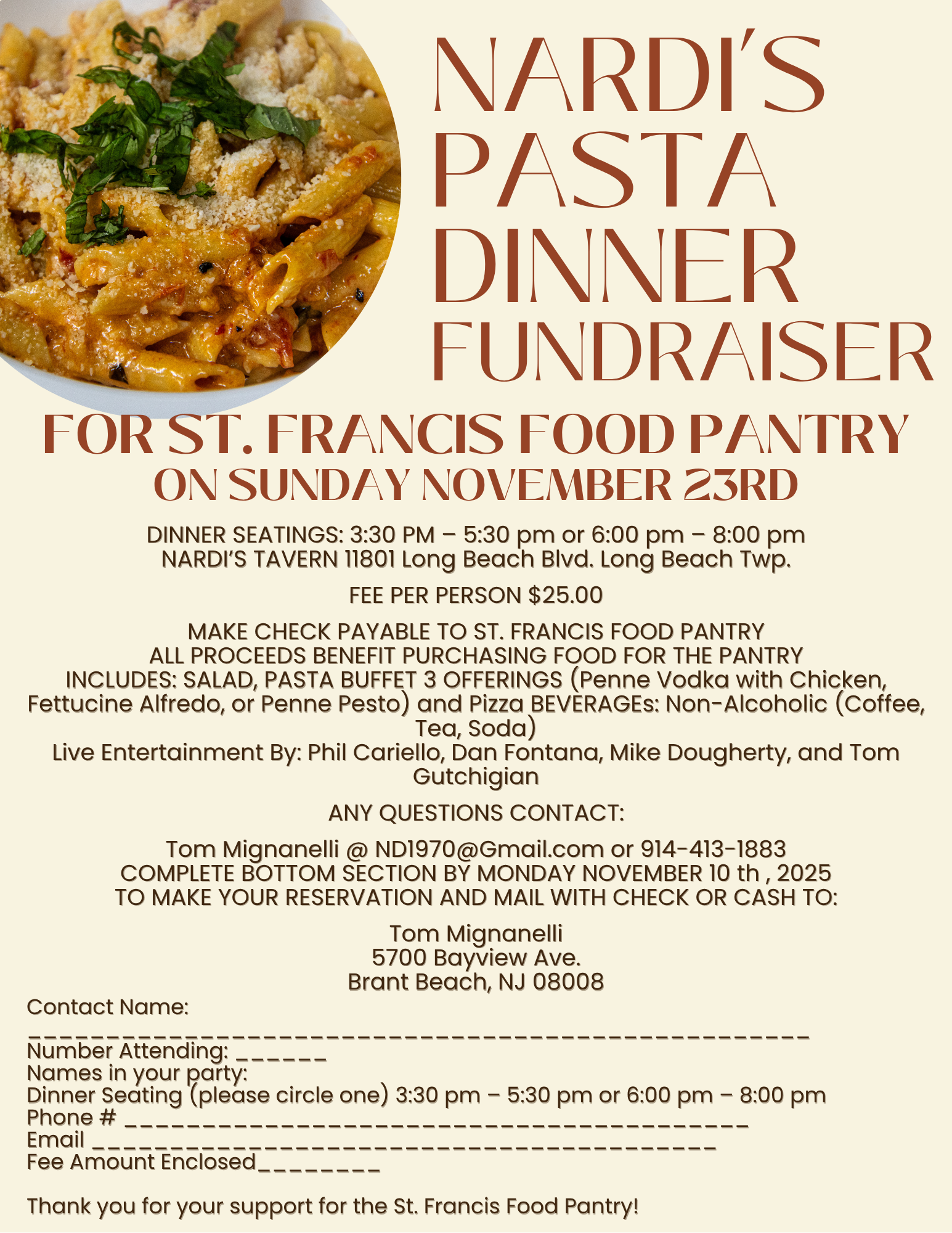 Nardi's Pasta Dinner Fundraiser for Food Pantry