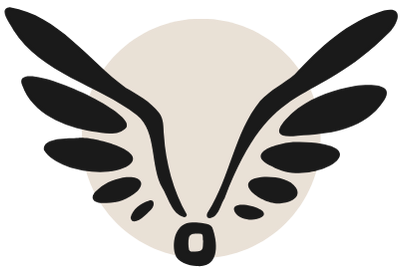 Abstract black and beige design resembling a stylized animal face with elongated features.