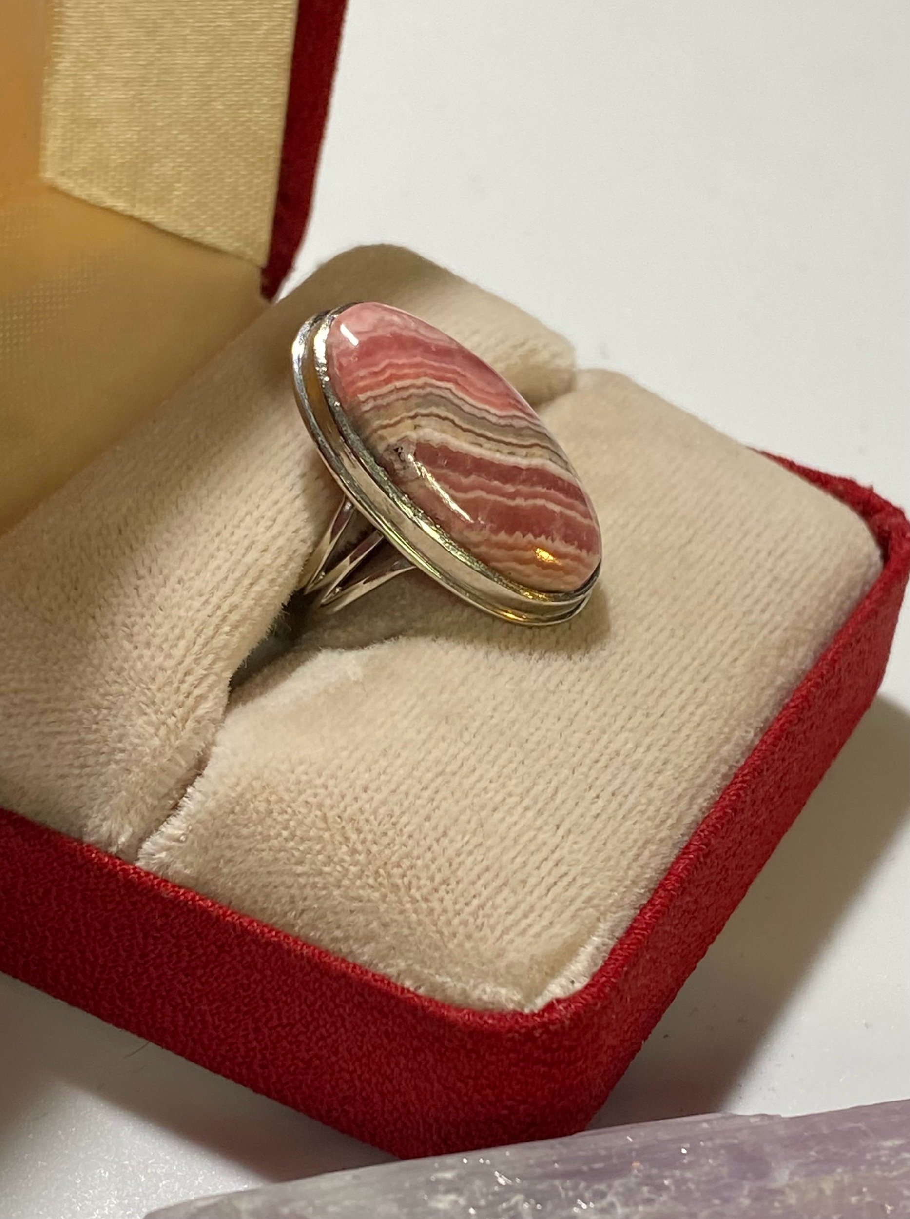 White Gold Rhodochrosite Ladies Ring