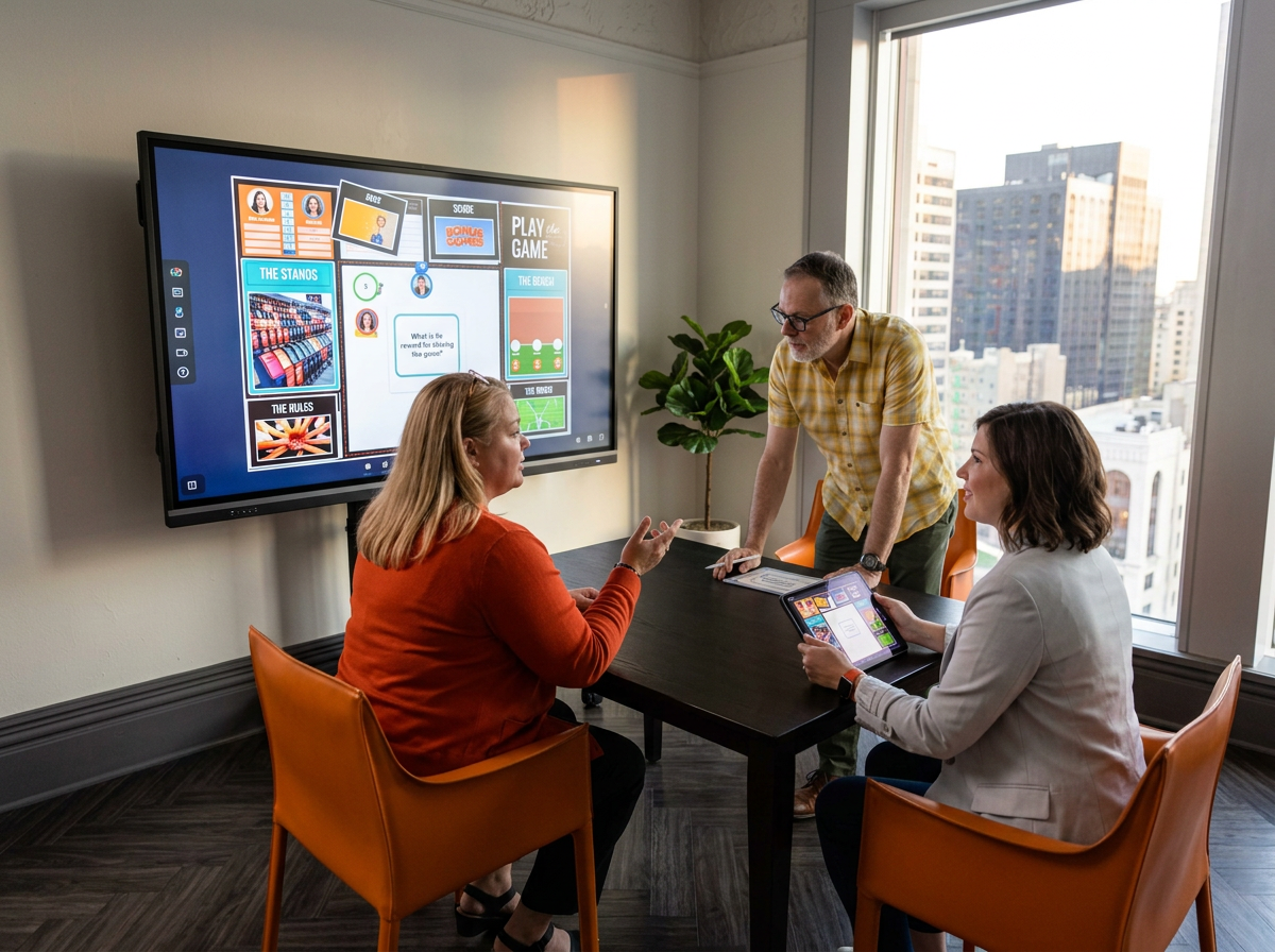 Three professionals in a conference room engaged in a discussion about a game on a large screen and a tablet, with city buildings visible through the large window.