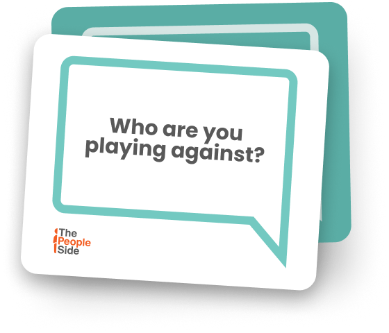 A set of cards with a speech bubble design, asking 'Who are you playing against?' and the logo of 'The People Side' in the corner.