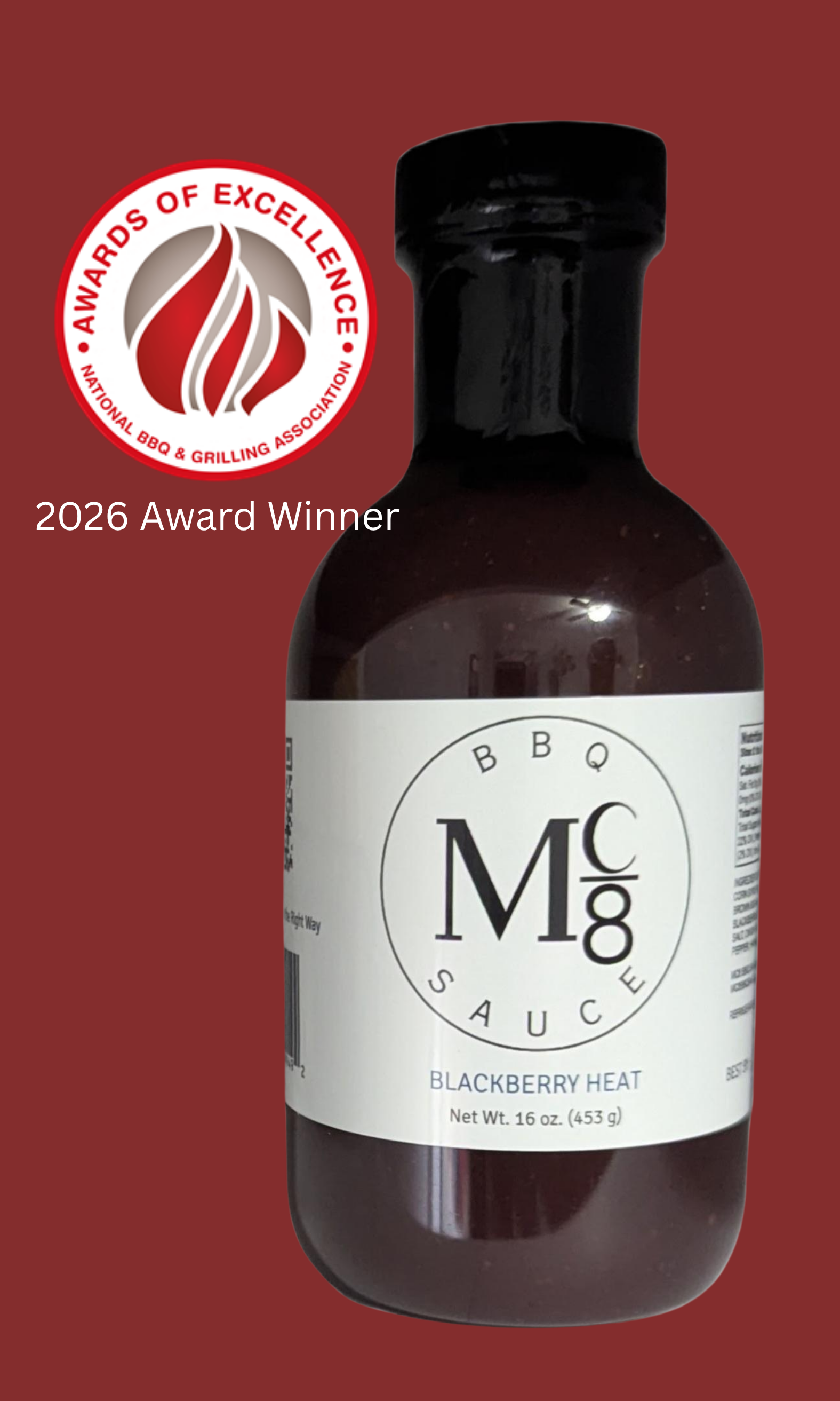 A bottle of Mc8 Blackberry Heat BBQ sauce.