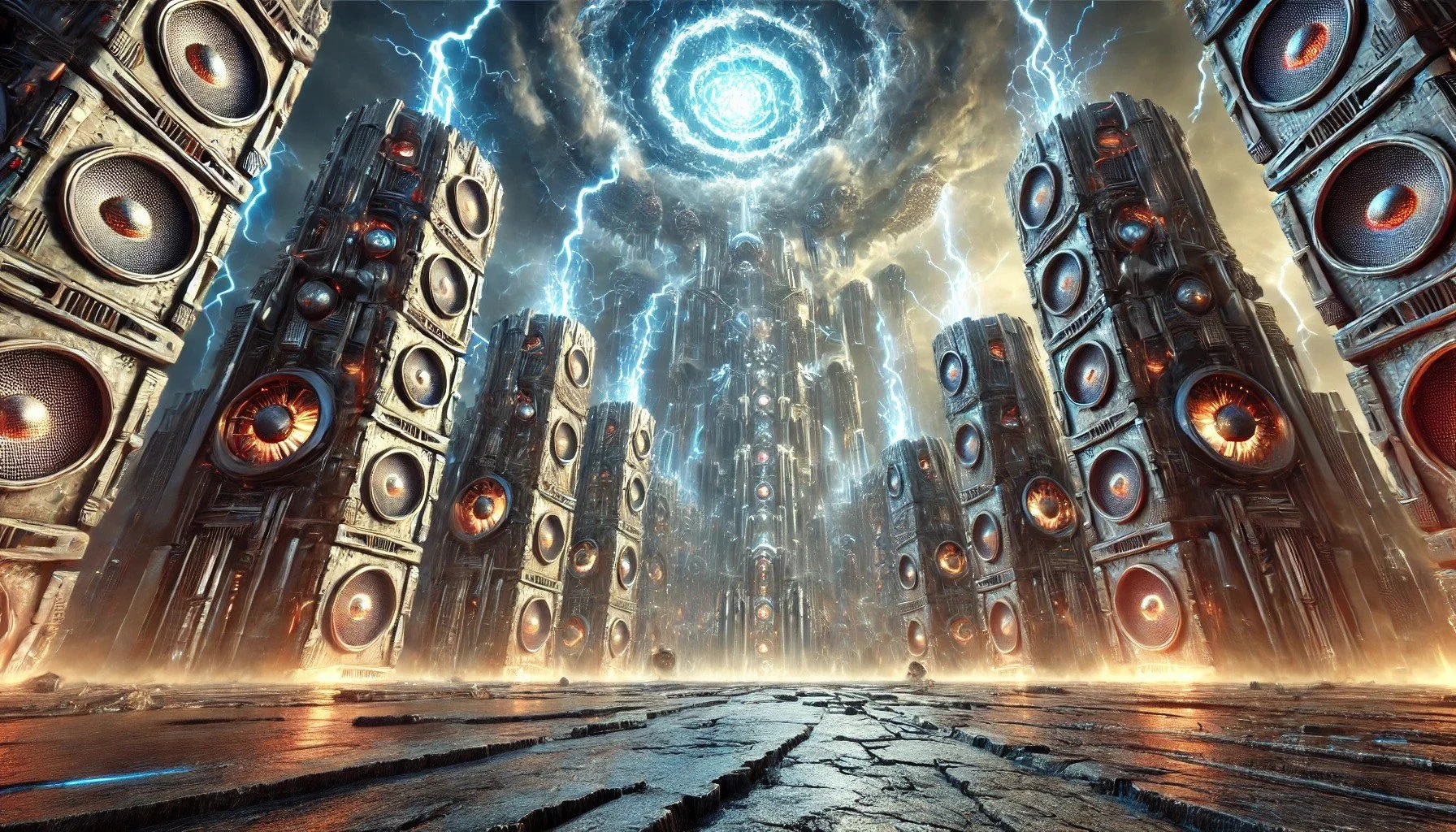 A digitally rendered scene of giant speakers stacked among tall, dark structures with lightning and a glowing vortex in the cloudy sky overhead.
