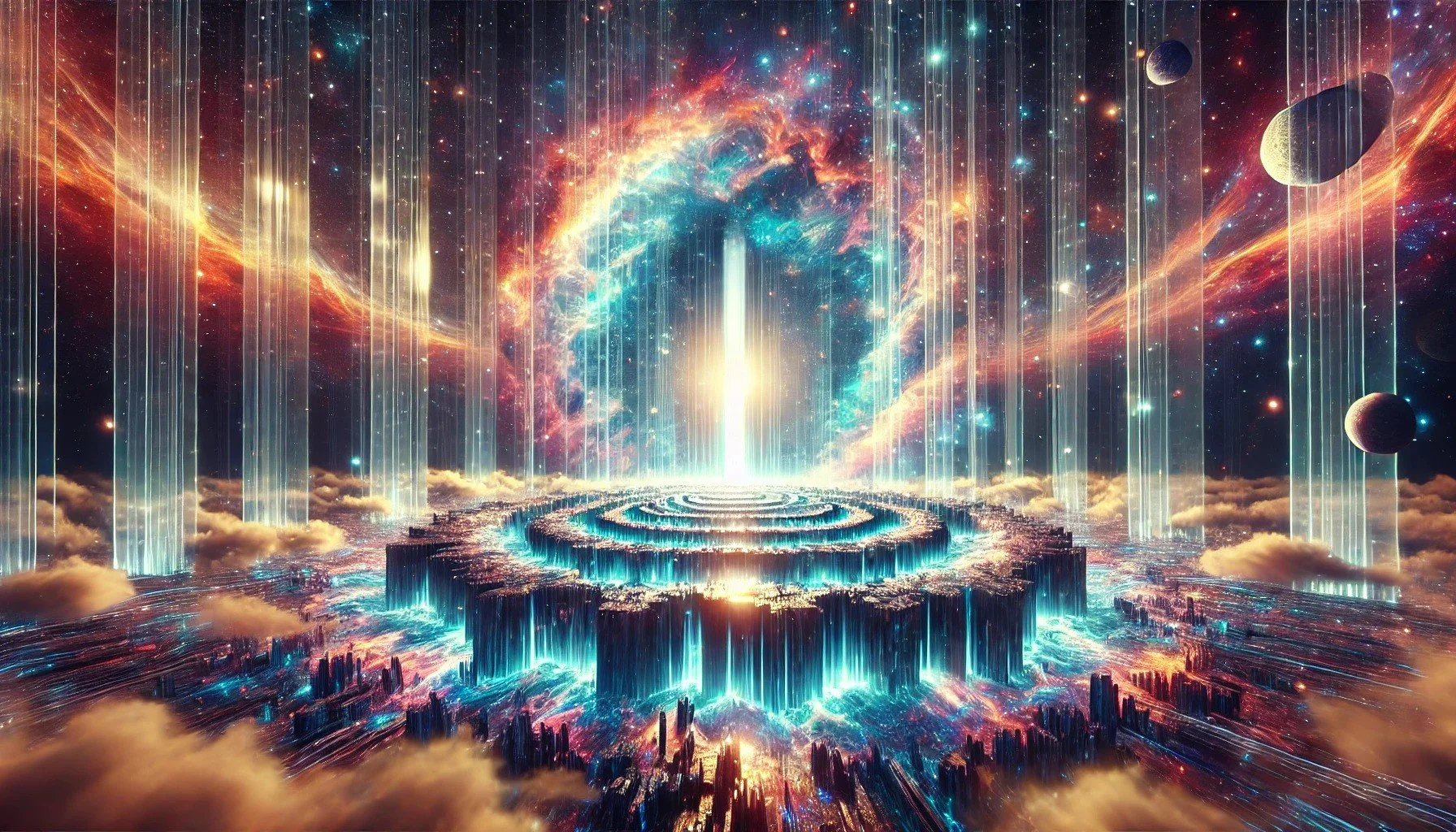 A surreal cosmic scene with glowing blue rings, waterfalls, planets, and nebulae in a colorful space setting.