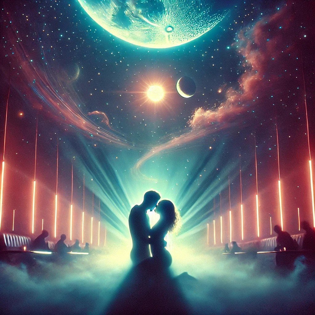 A silhouette of a couple in a romantic pose inside a neon-lit room with a cosmic space scene projected on the ceiling, showing planets, stars, and nebulae.