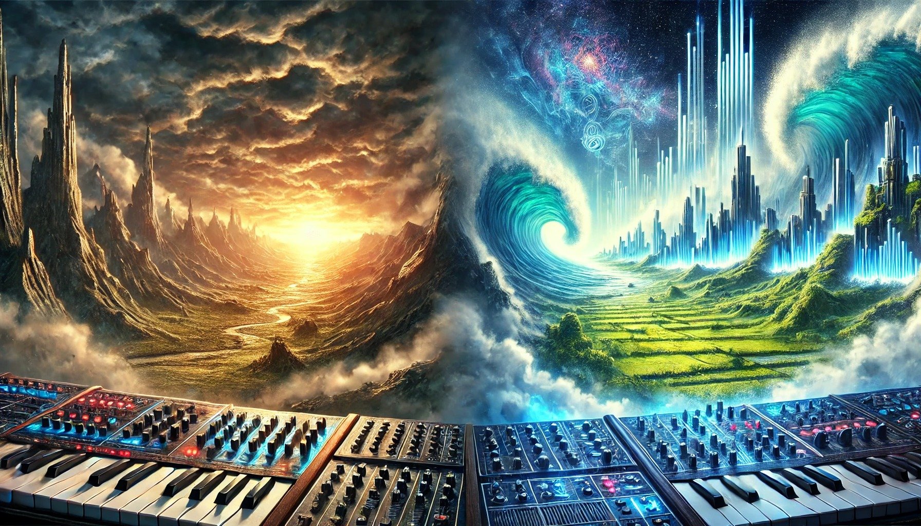 A digital art scene showing a surreal landscape divided into two parts. On the left, a rocky mountain range at sunset with a river flowing through a lush valley. On the right, a futuristic cityscape with glowing skyscrapers, a large vortex, and vibrant cosmic elements in the sky. In the foreground, a vintage synthesizer keyboard is visible.