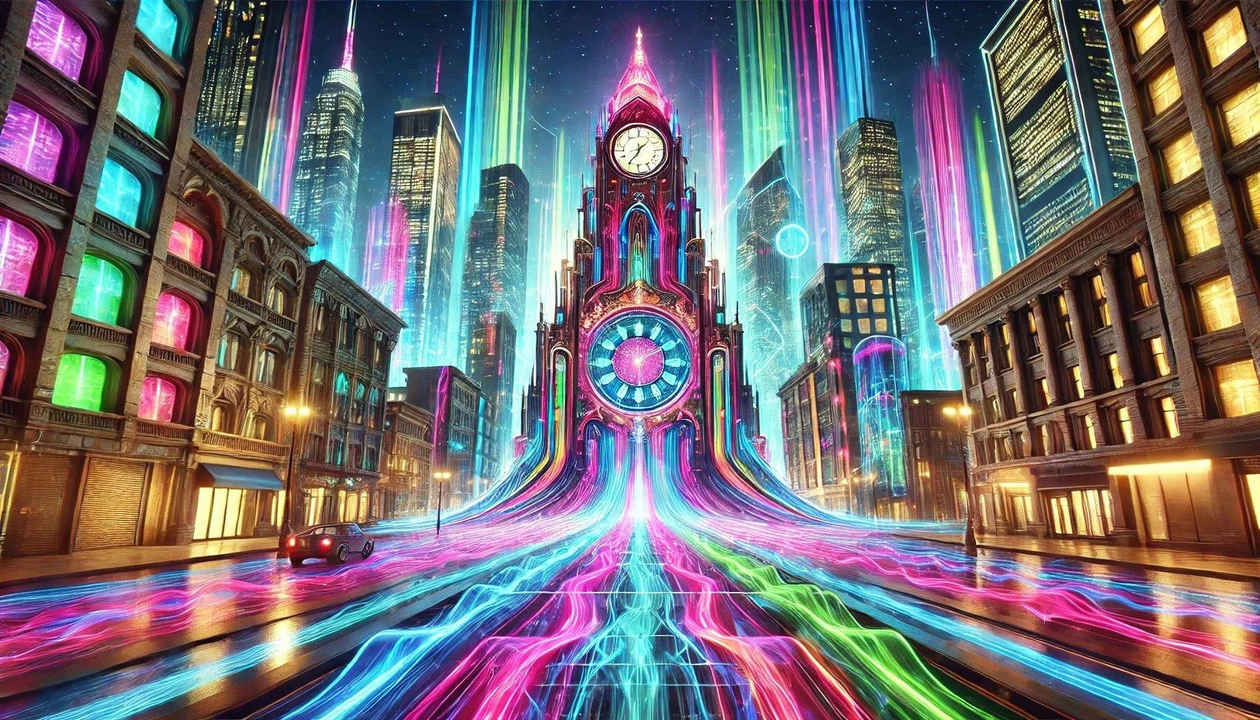 A futuristic cityscape with neon lights, glowing skyscrapers, and a central clock tower emitting multicolored light streams and digital effects.