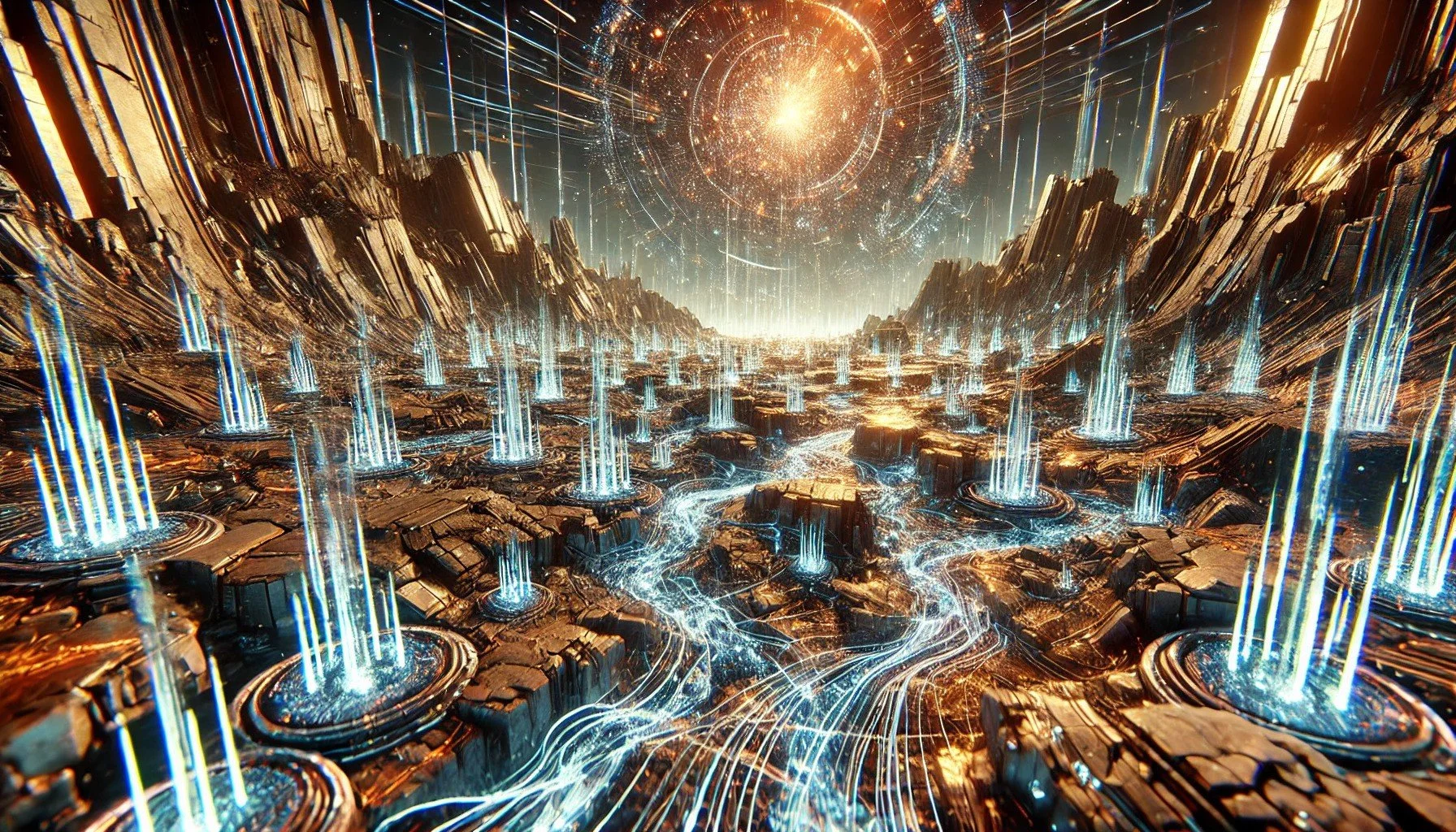 A futuristic digital landscape with glowing blue and orange circuits, waterfalls, and a bright explosion or star in the sky, resembling a sci-fi or cybernetic environment.