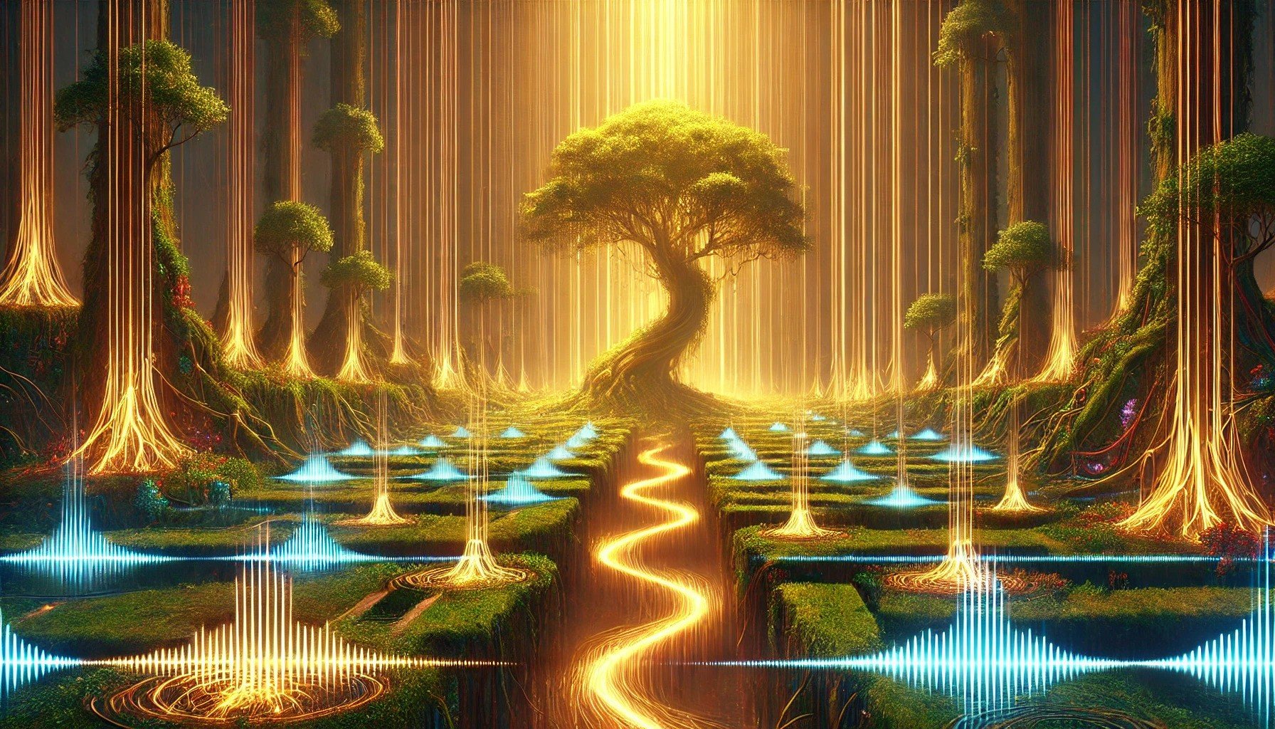 A fantasy digital art scene of glowing trees with bright, swirling roots and a winding path leading to a luminous tree in a surreal forest with vibrant lights and audio wave patterns at the bottom.