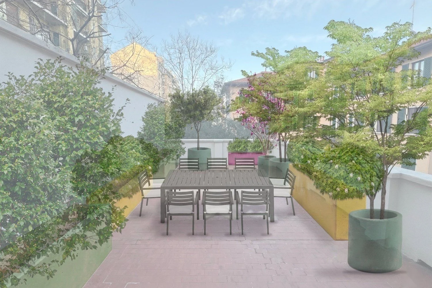 Render di progetto di un terrazzo a Milano con tavolo da pranzo, fioriere gialle e vasi verdi con alberi.