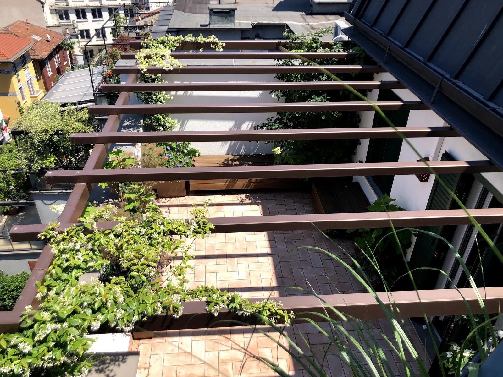 Vista dall'alto della pergola con il gelsomino rampicante e il pavimento in cotto del terrazzo